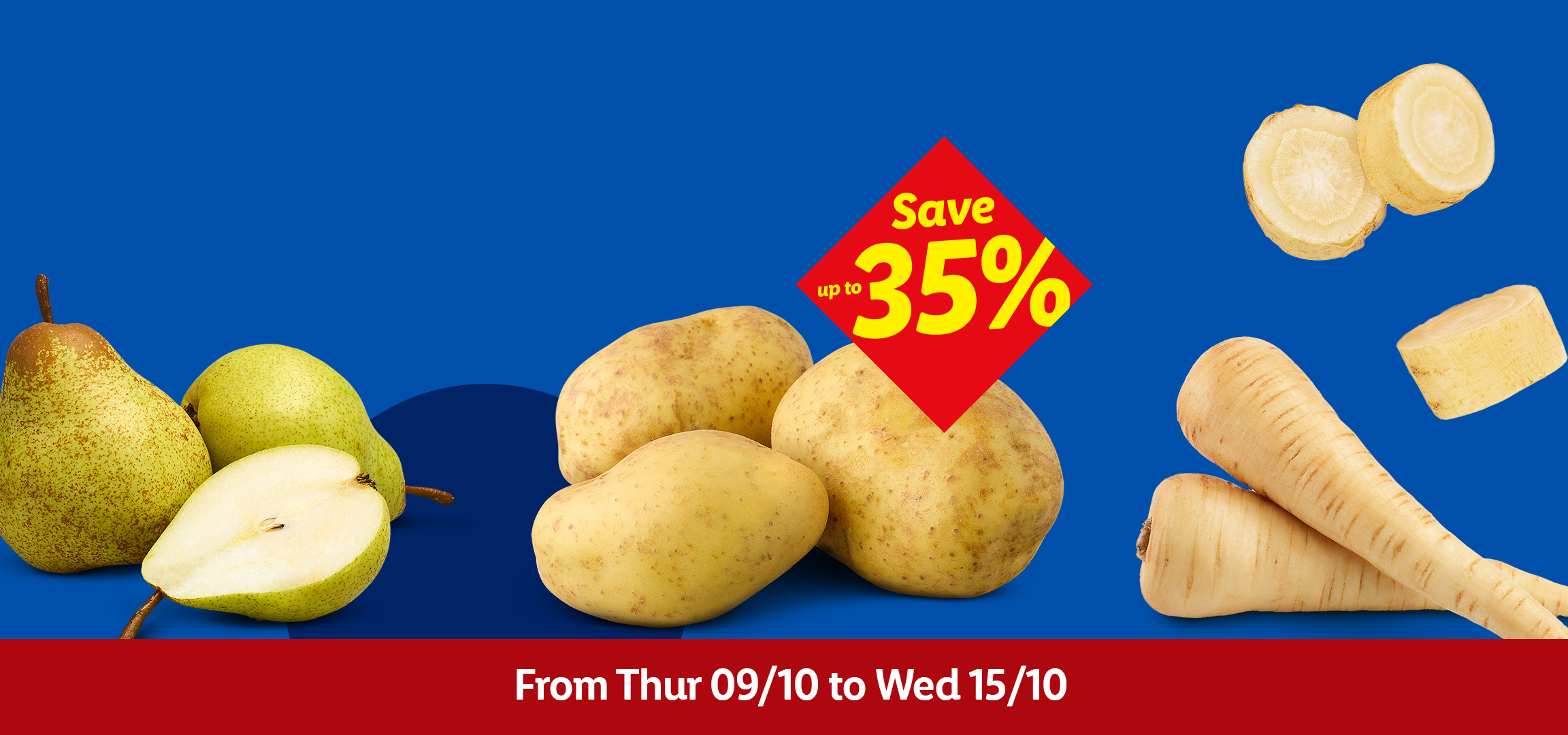 Pears, potatoes, and parsnips with a 'Save up to 35%' offer from Thur 09/10 to Wed 15/10.