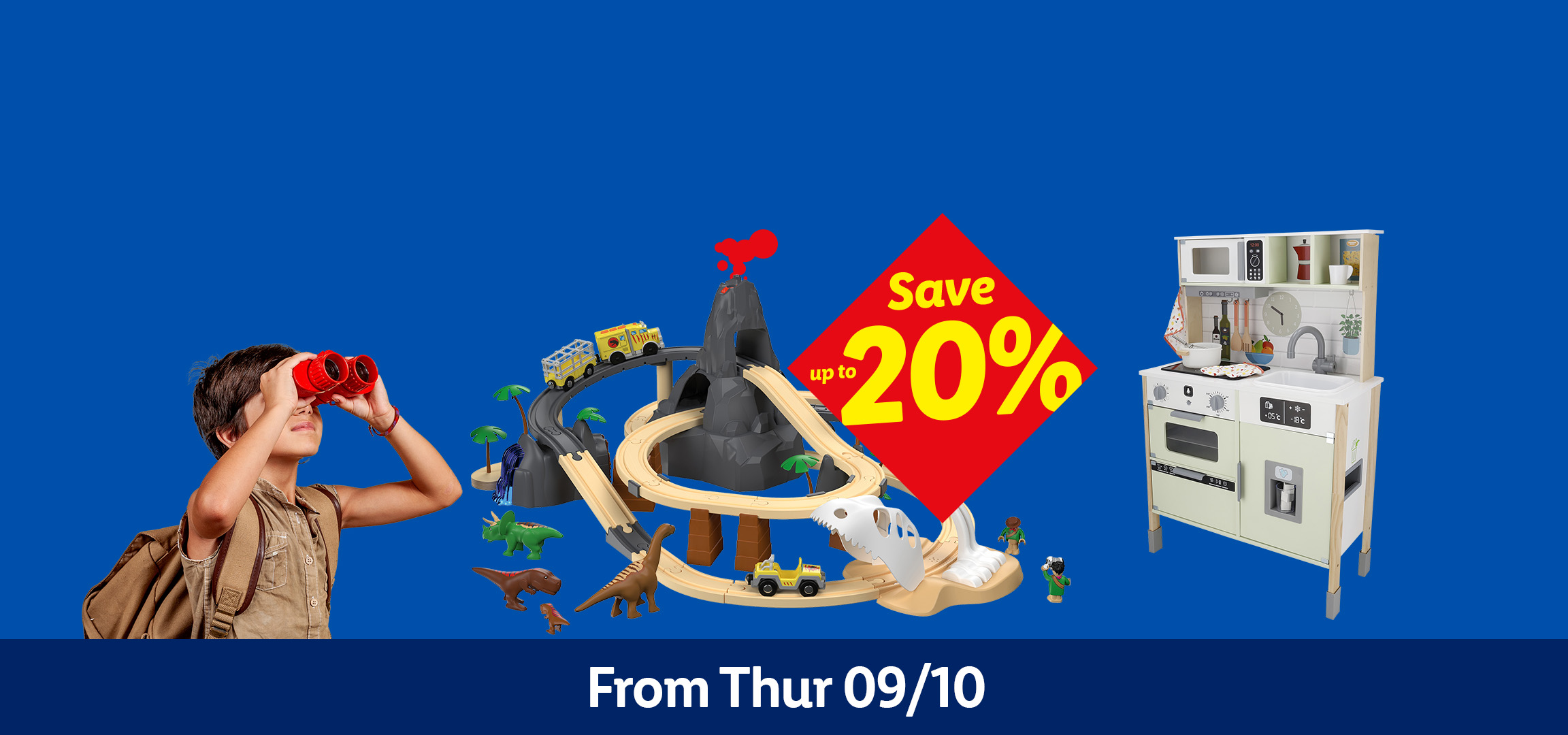 Children's toys: a wooden train set, play kitchen, boy with binoculars, and dinosaur-themed track.