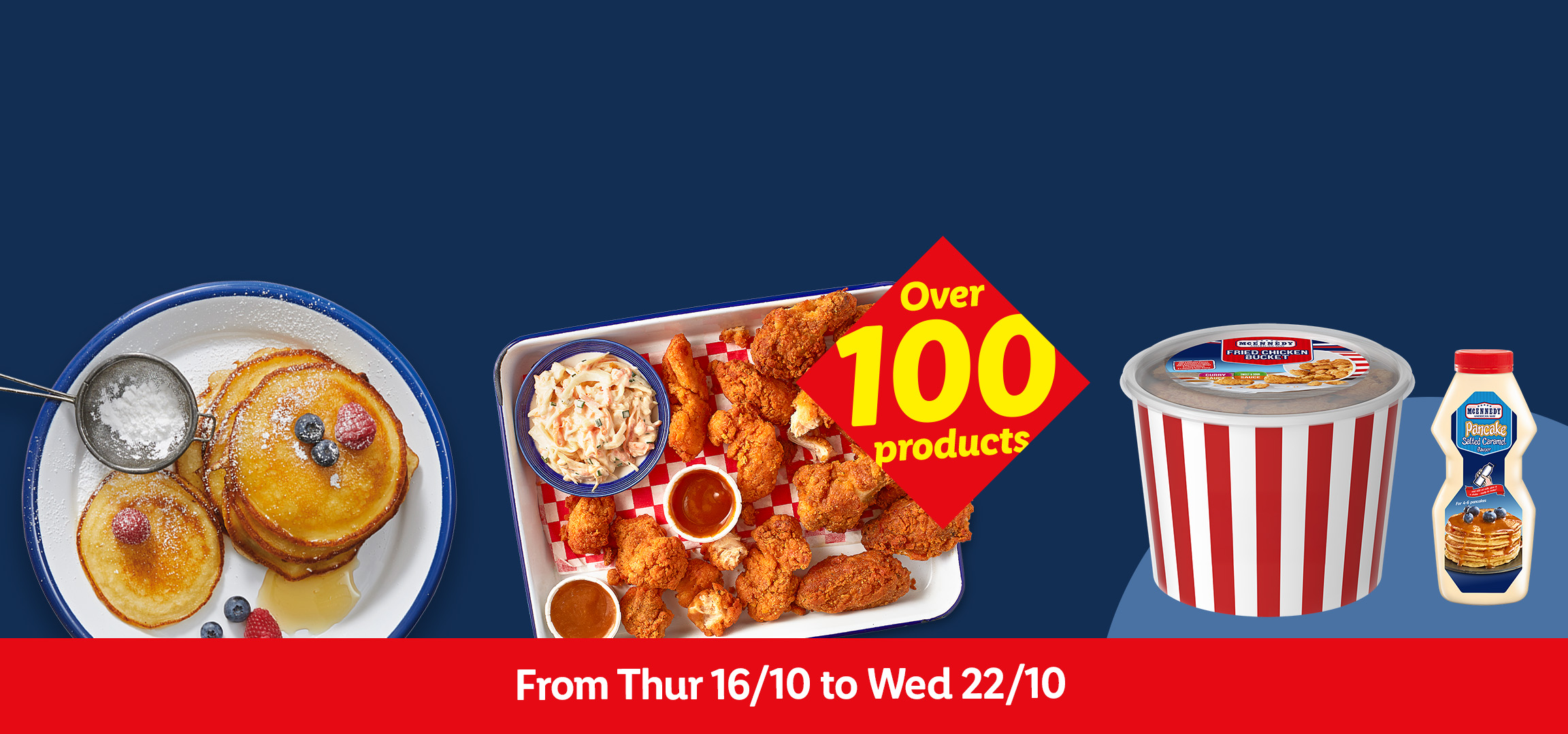 Pancakes, pancake mixes, fried chicken, and coleslaw on a blue background with a red banner.