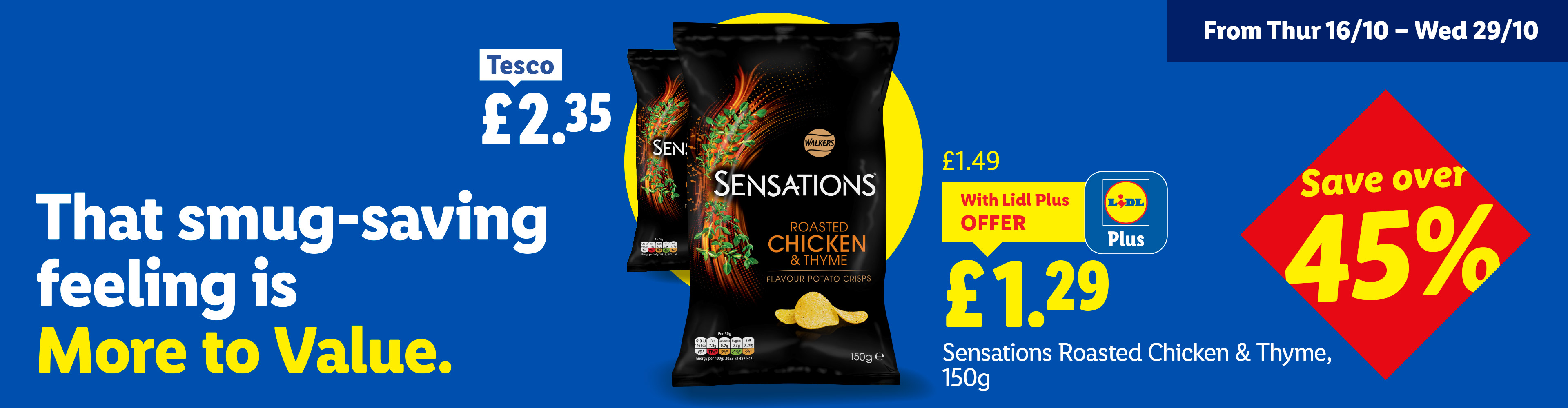 Lidl ad for Sensations Roasted Chicken & Thyme crisps, £1.29 with Lidl Plus, compared to Tesco's £2.35.