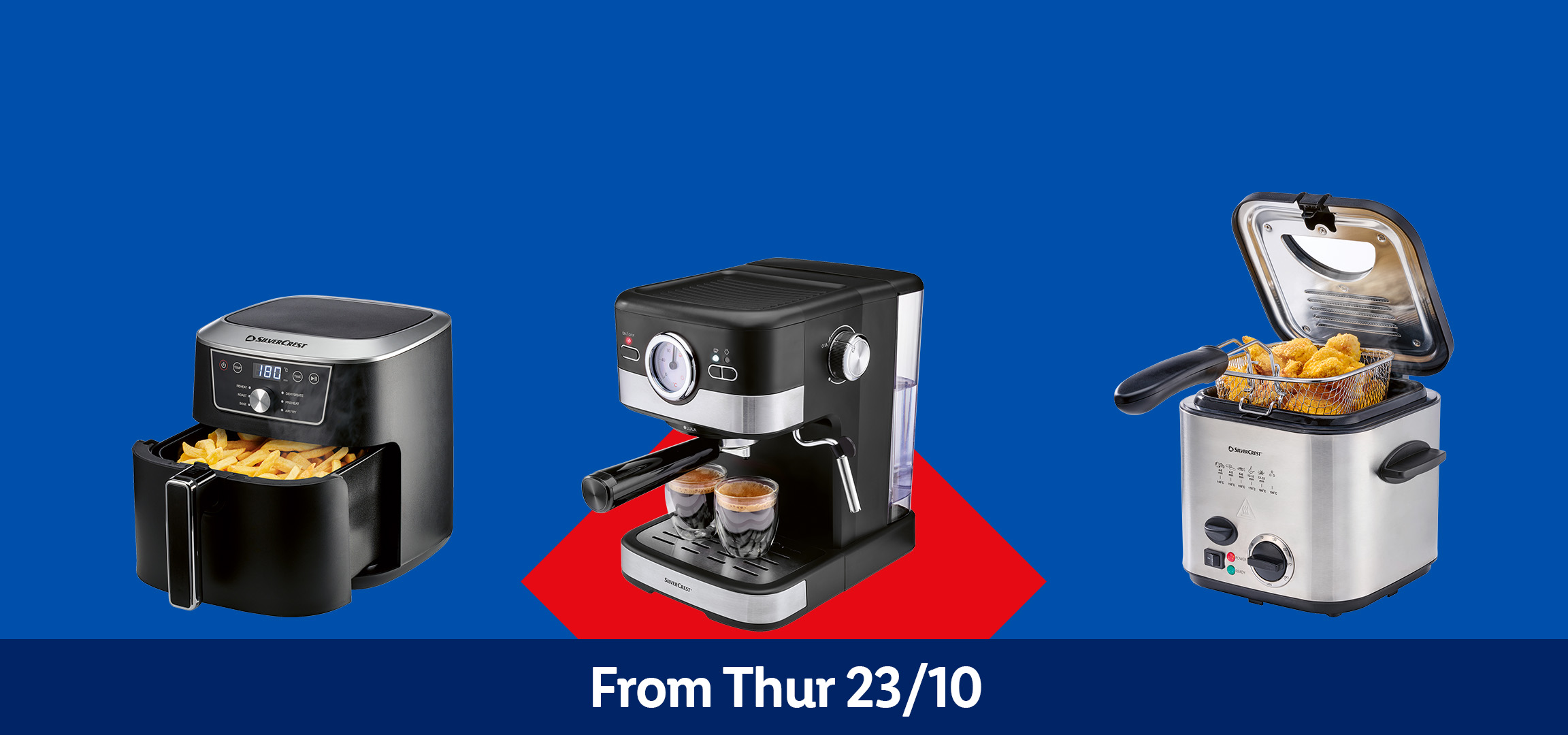 Silvercrest kitchen appliances: waffle maker, air fryer, espresso machine, and deep fryer. From Thursday 23/10.