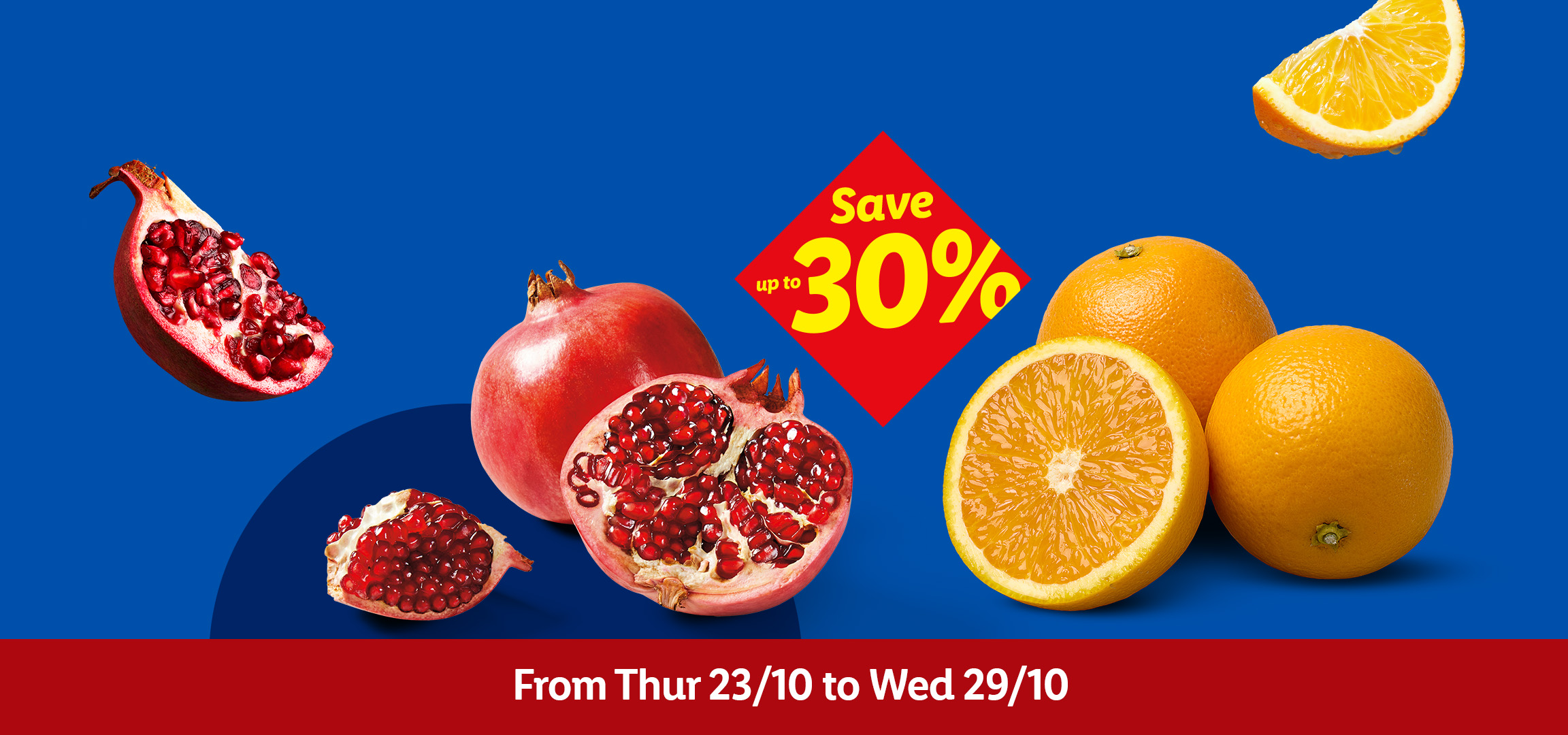 Asparagus, pomegranates, and oranges on a blue background with a 'Save up to 30%' offer.