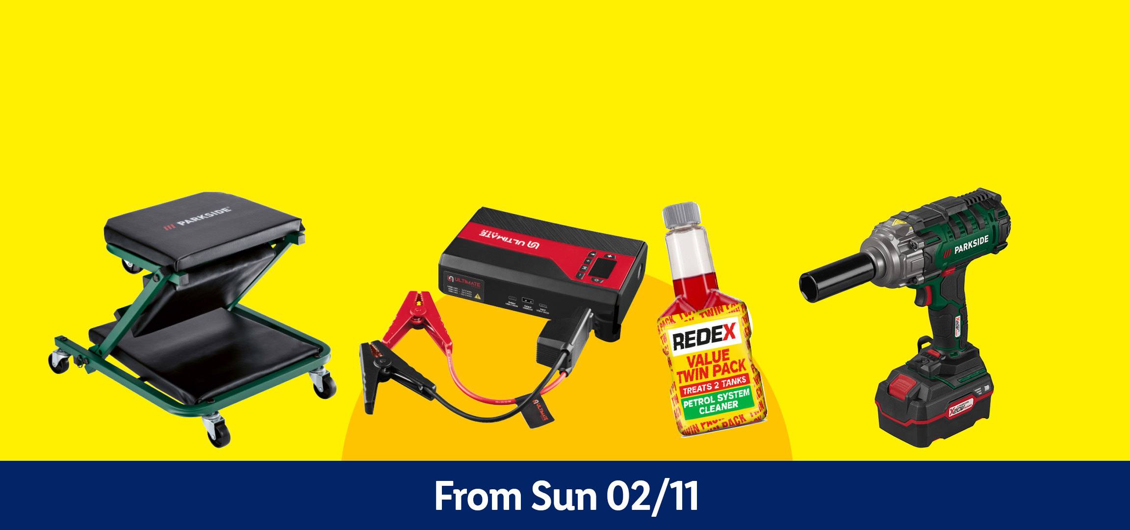 A Parkside mechanic's creeper, Redex fuel system cleaners, an Ultimate car jump starter, and a Parkside impact wrench.