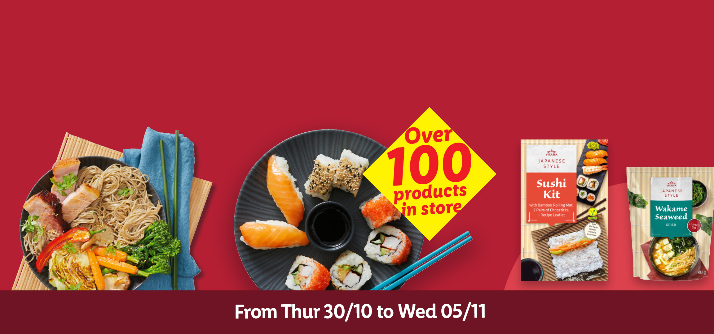Japanese food promotion with sushi, Wakame seaweed, and a sushi kit, valid from 30/10 to 05/11.