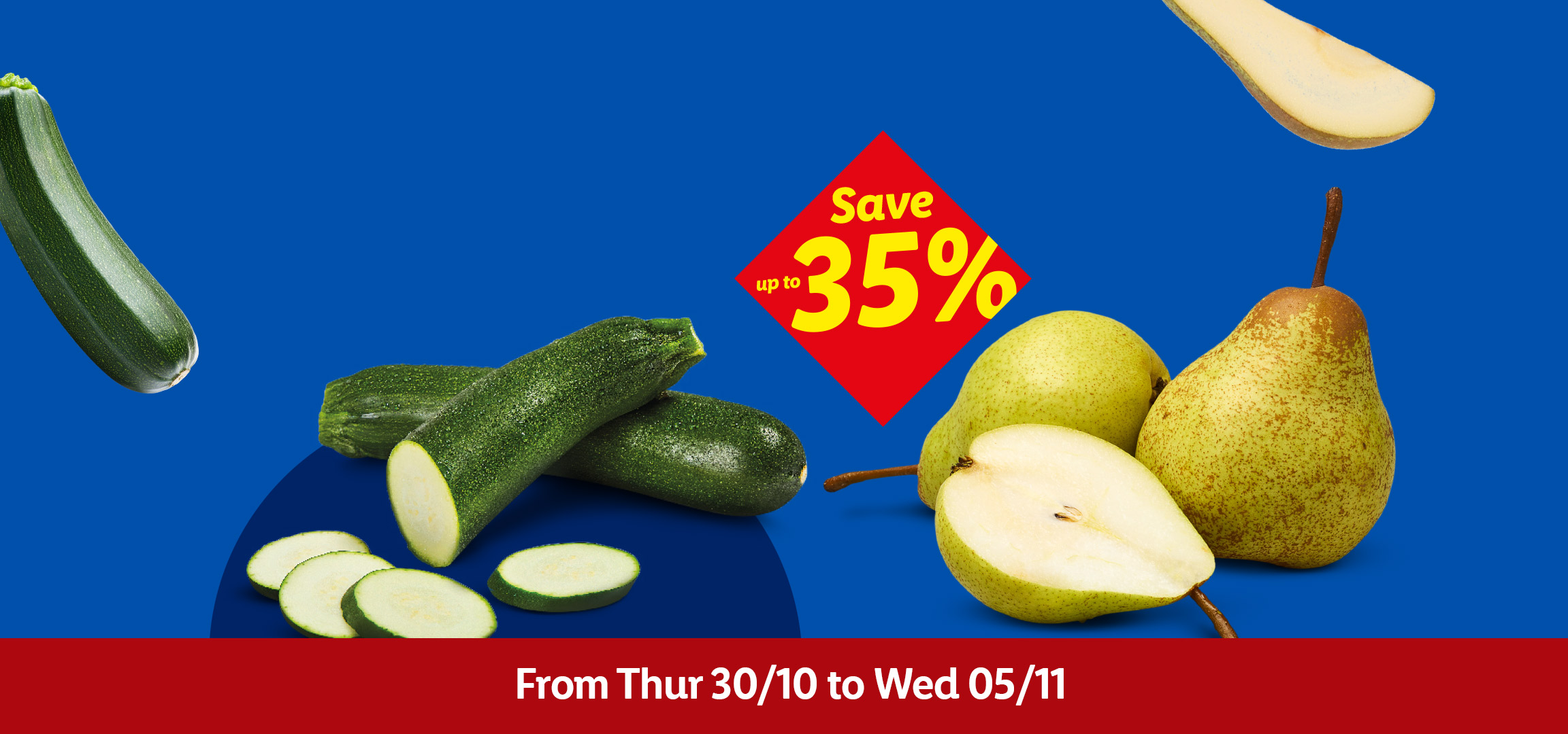 Fresh vegetables and fruits, including eggplant, zucchini, and pears, with a 'Save up to 35%' offer.