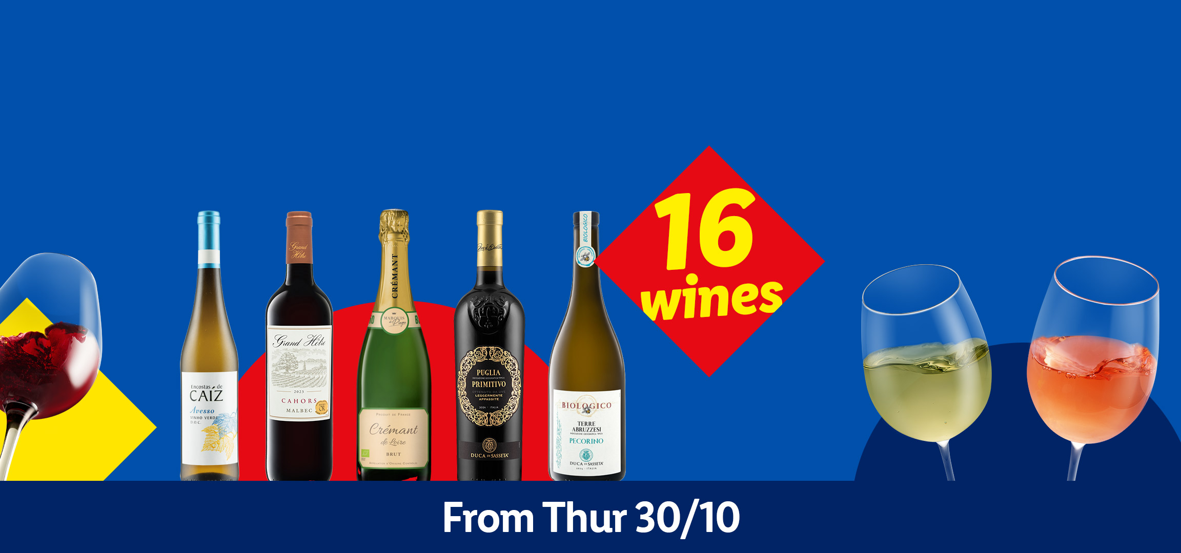 Lidl wine promotion with 16 wines, including red, white, and rosé, available from Thursday 30/10.