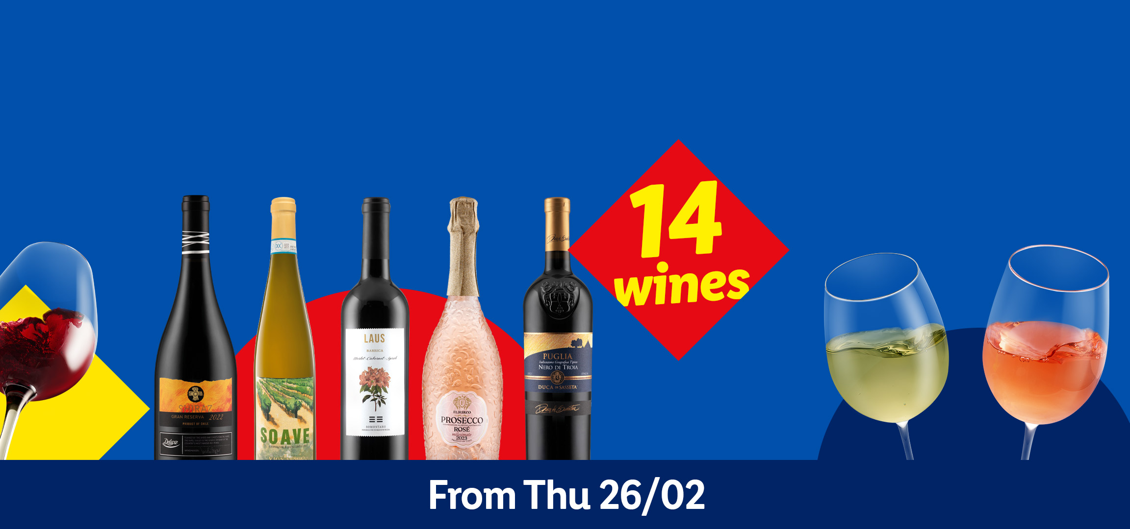 Wine promotion with 14 wines, including red, white, rosé, and sparkling, available from Thu 26/02.