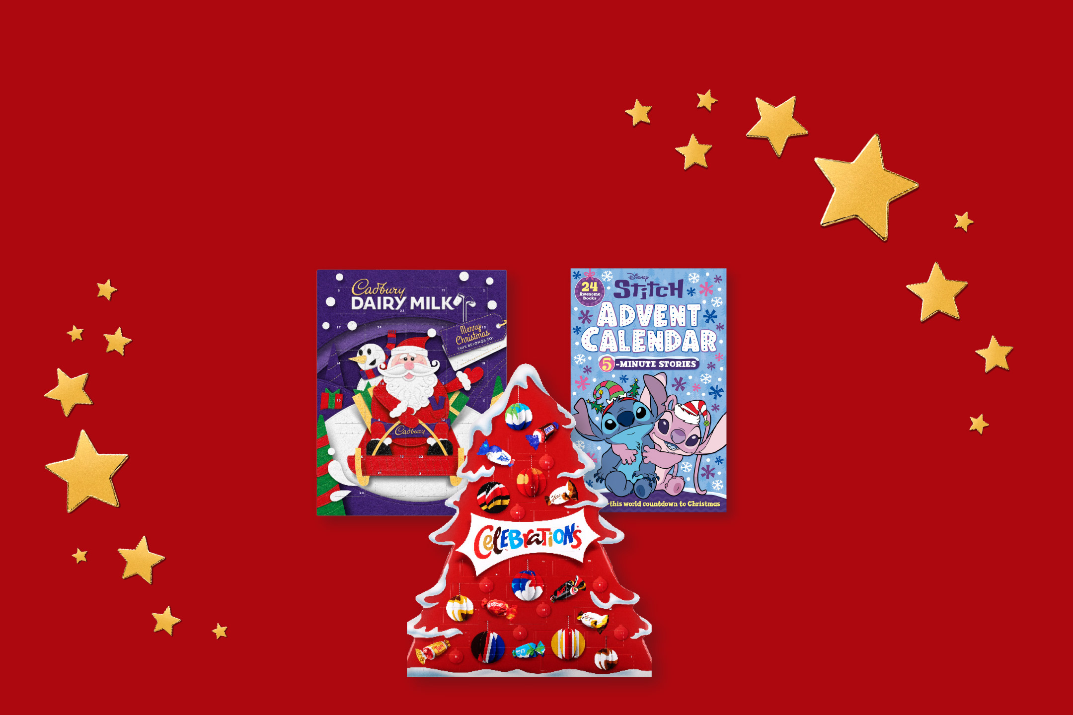 Cadbury Dairy Milk, Celebrations, and Disney Stitch Advent Calendars on a red background decorated with gold stars.