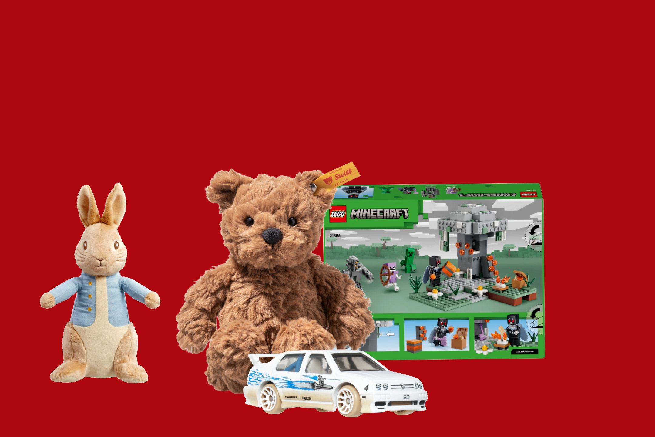A selection of children's toys including plush animals, a toy car, and a building block set.