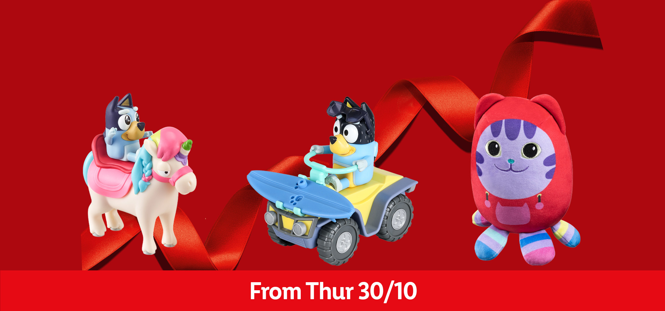 A play tunnel, a plush cat, Bluey and Bingo plush toys, and the 'Sneaky Sharks' board game.