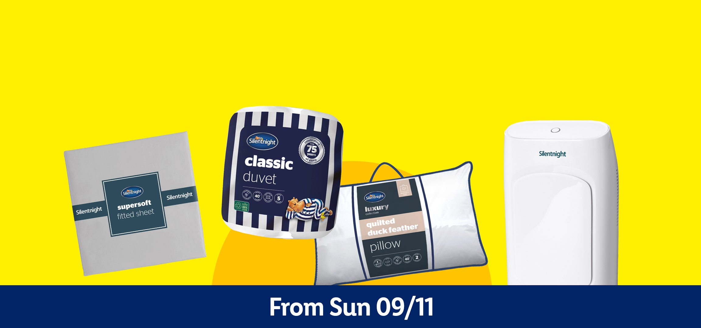 Silentnight bedding: supersoft fitted sheet, classic duvet, quilted duck feather pillow, and an air purifier.