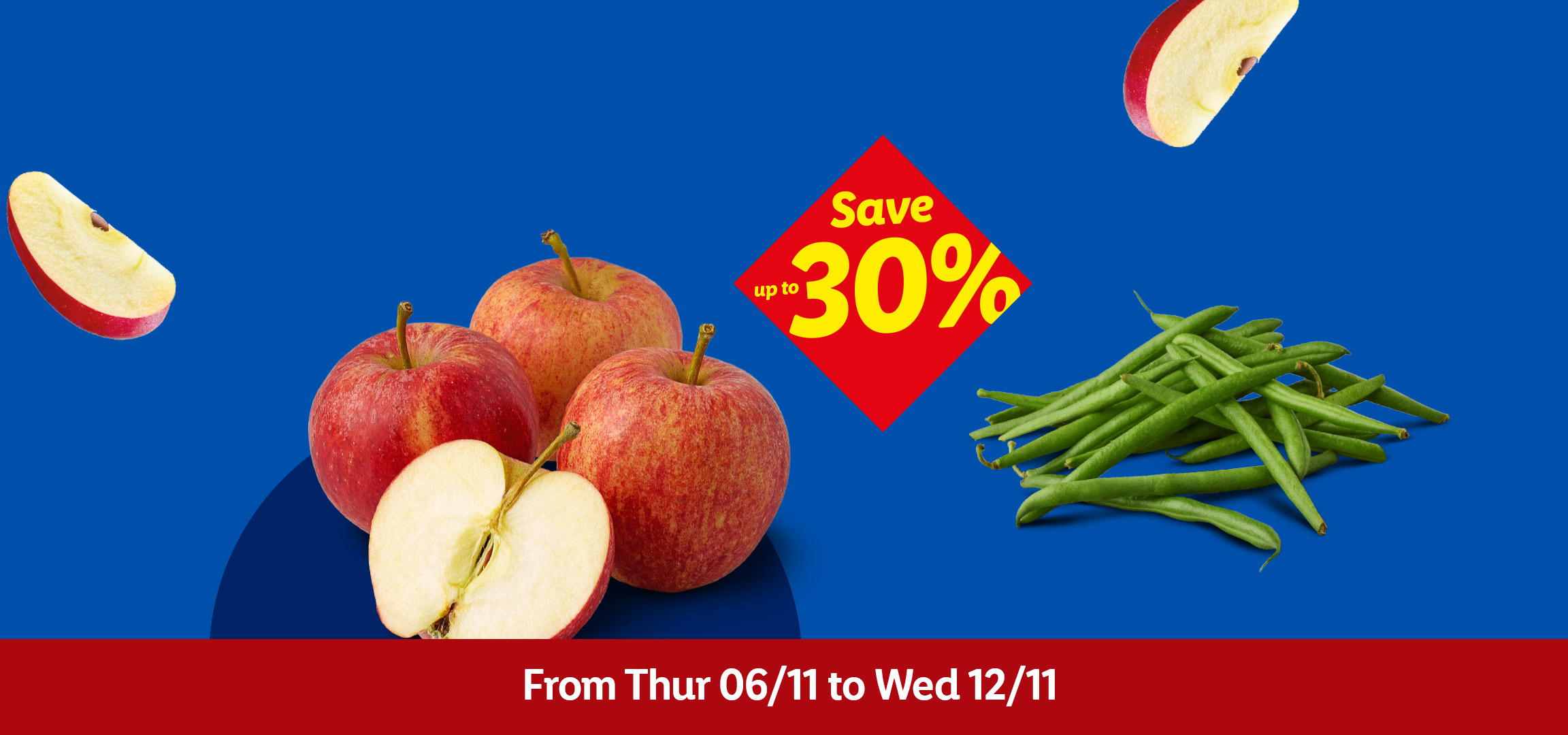 Green beans, apples, and spring onions with a 'Save up to 30%' offer and dates.