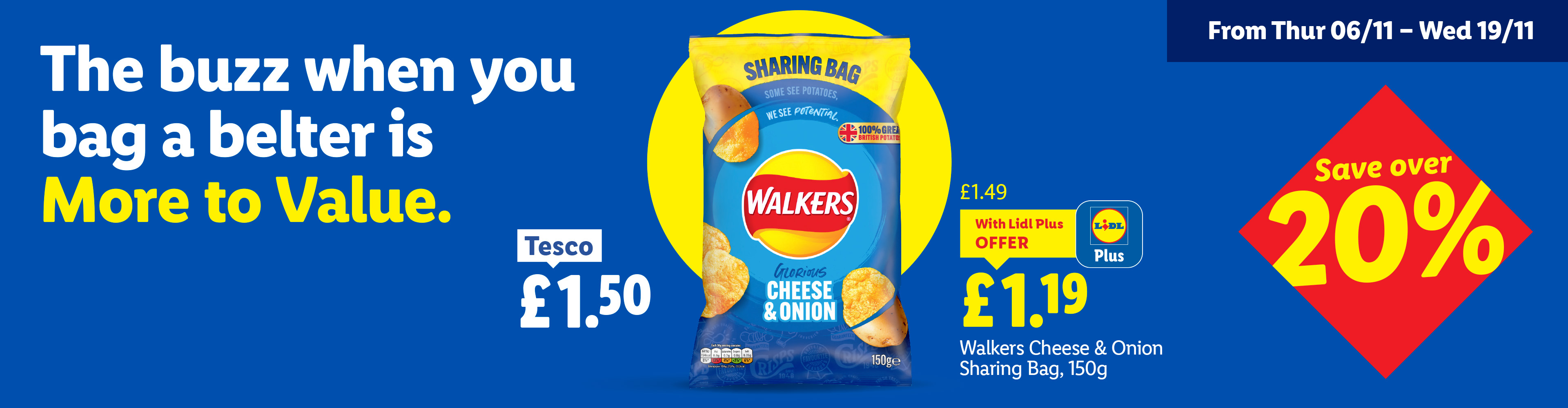 Lidl ad for Walkers Cheese & Onion Sharing Bag, 150g, priced at £1.19 with Lidl Plus.