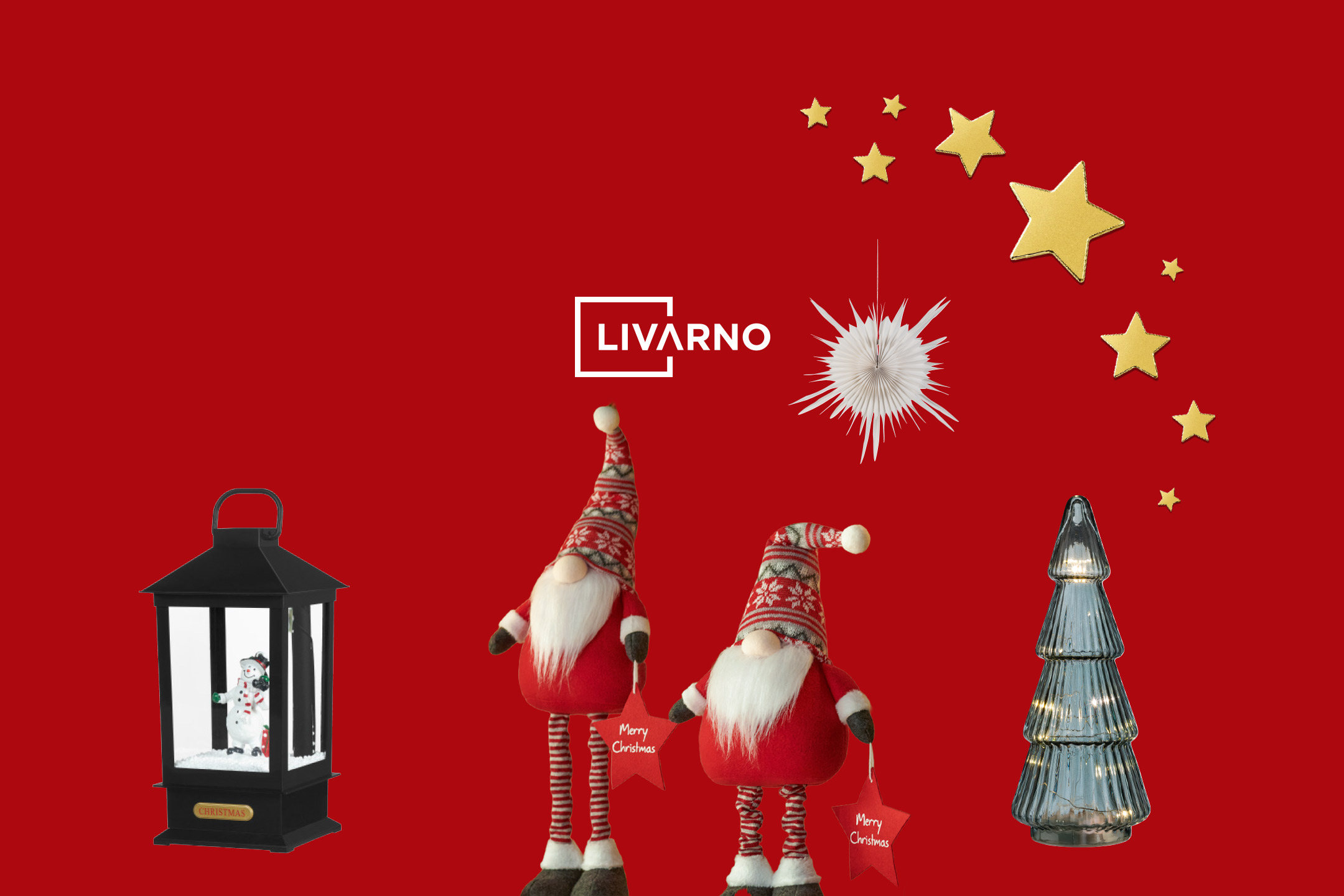Festive Christmas decorations including a glass tree, lantern, paper star, and gnomes on a red background.
