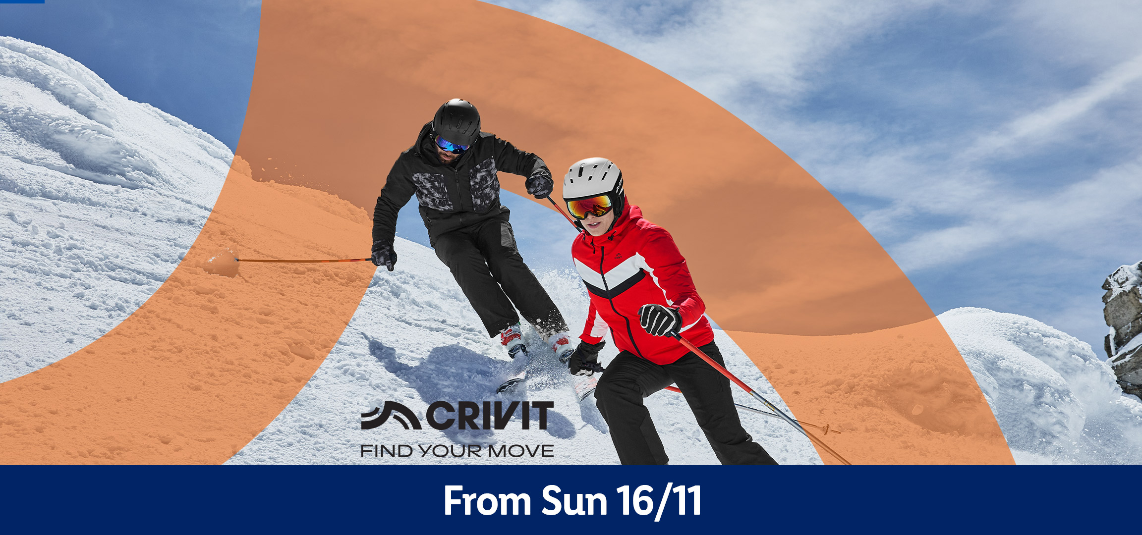 Two skiers on a snowy mountain, with Crivit branding and text 'From Sun 16/11'.