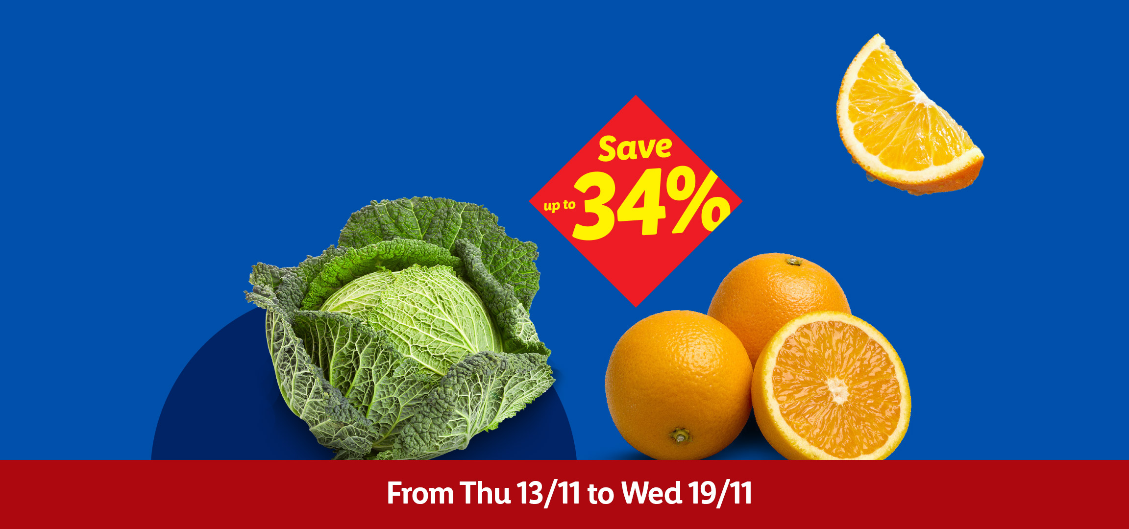 Brussels sprouts, savoy cabbage, and oranges with a 'Save up to 34%' offer.