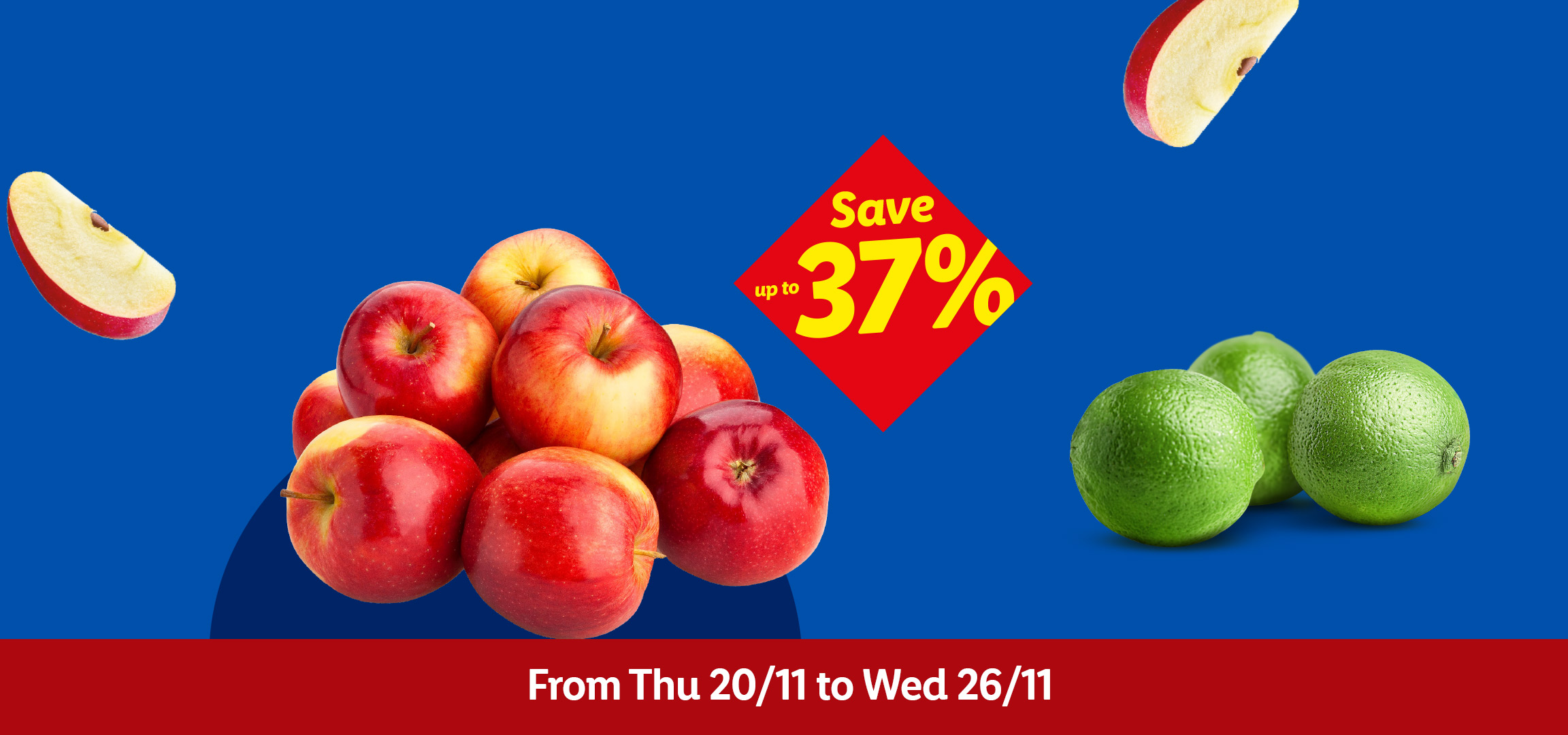 Tomatoes, apples, and limes on a blue background with a 'Save up to 37%' tag.