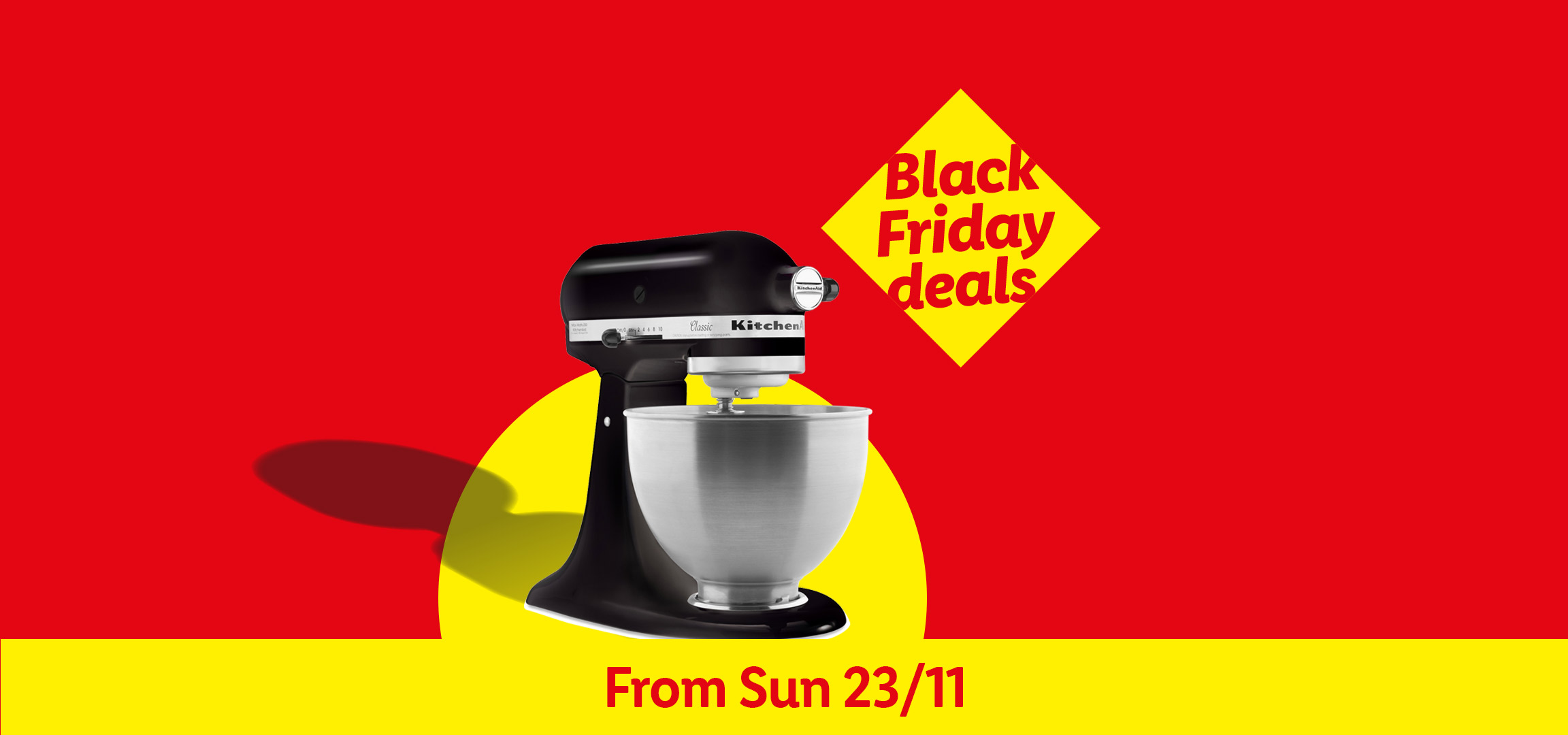 Black Friday deals banner with a woman on a Pilates reformer, KitchenAid mixer, frying pan, and a Toniebox.