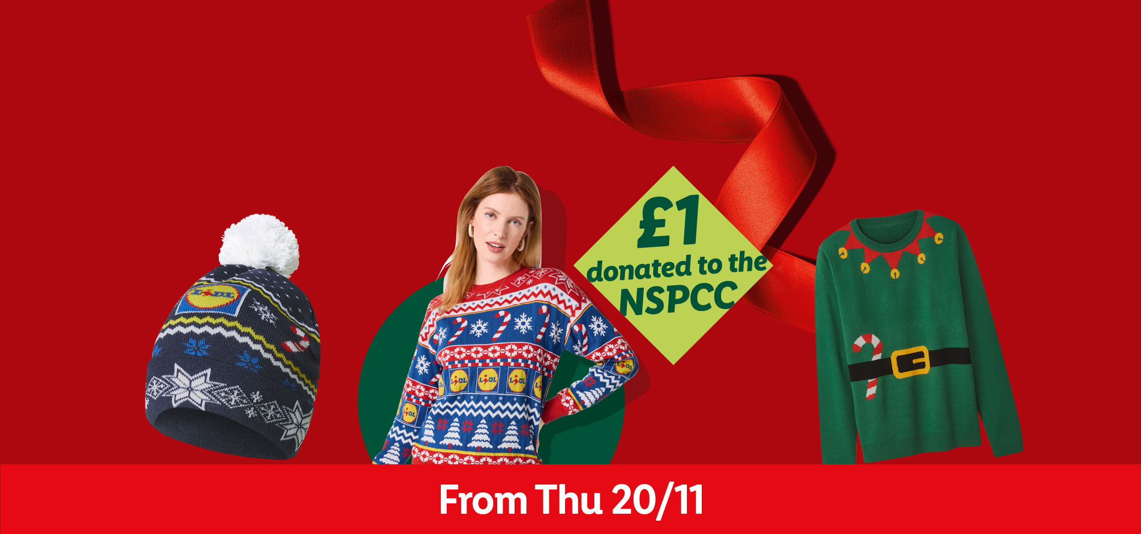Lidl Christmas jumpers and bobble hat, with £1 donated to NSPCC, available from Thu 20/11.