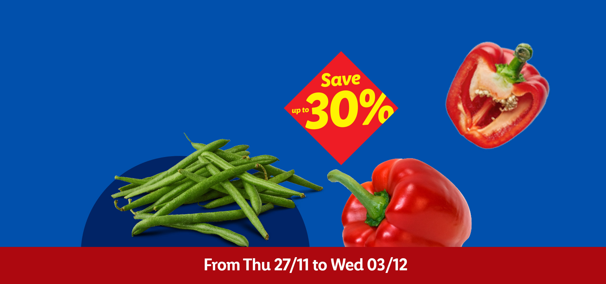 Lidl promotion: oranges, green beans, and red bell peppers with 'Save up to 30%' from Thu 27/11 to Wed 03/12.