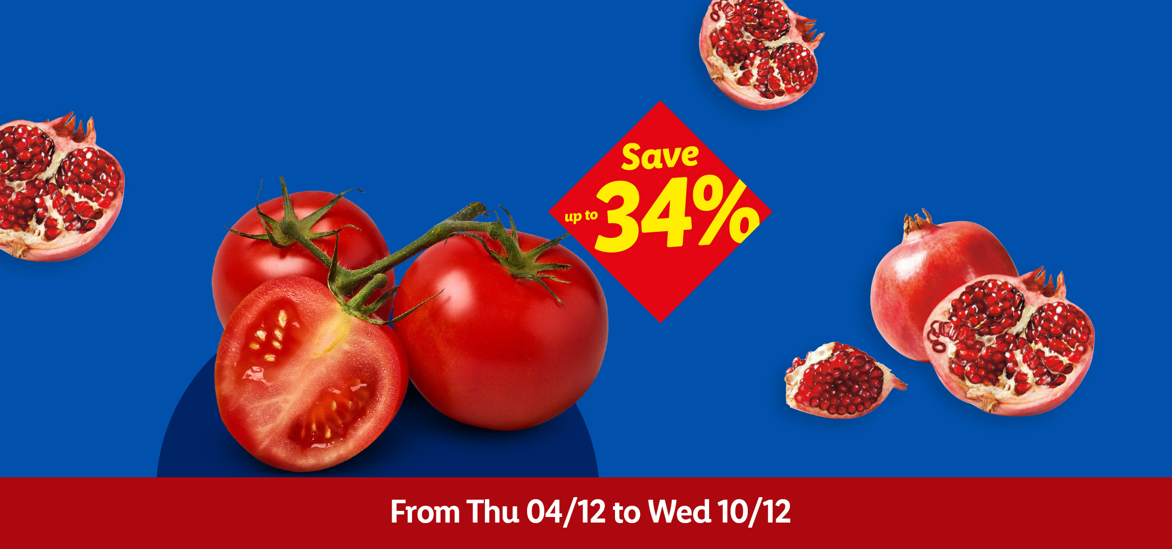 Fresh produce promotion: spring onions, tomatoes, and pomegranates with up to 34% savings.