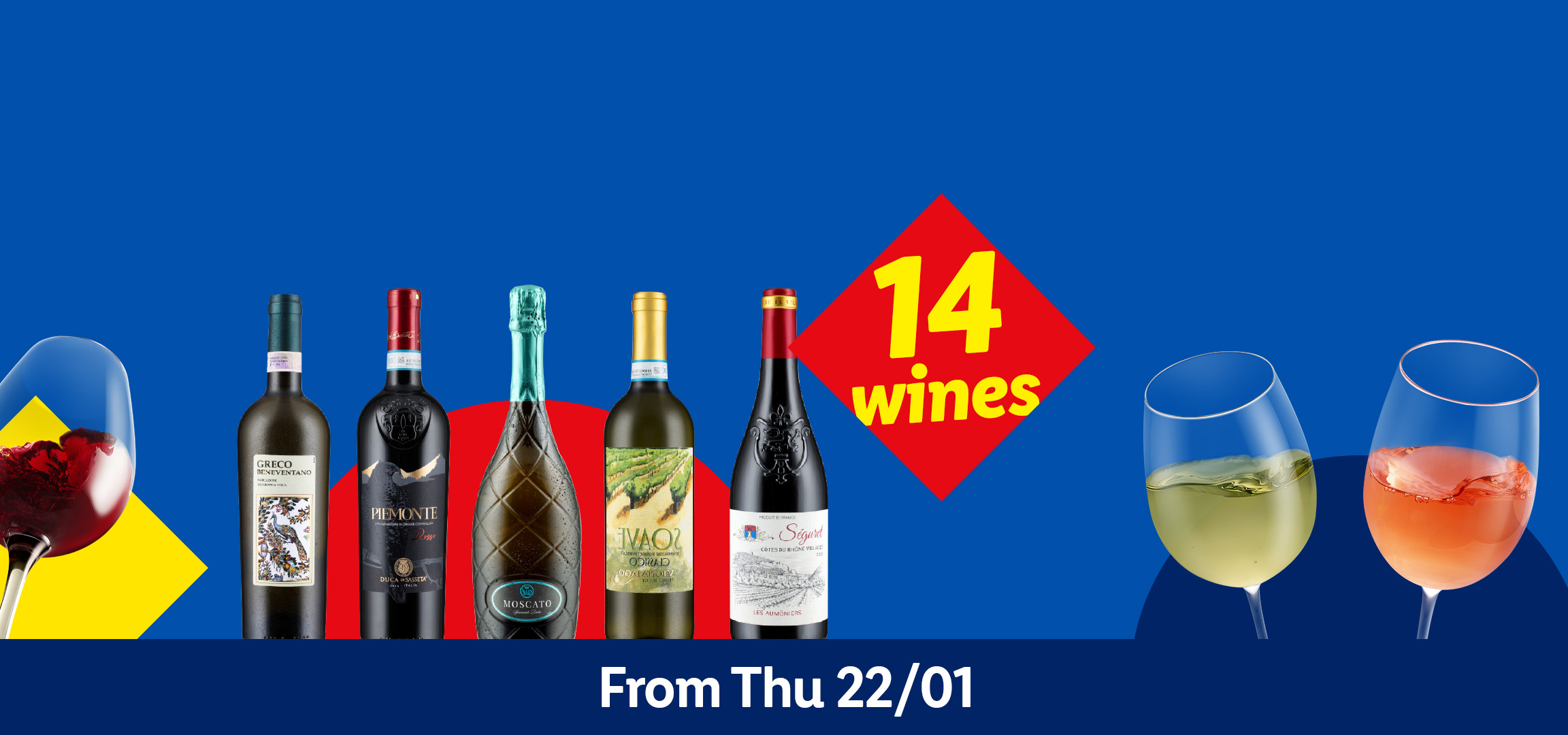Wine promotion with 14 wines, including Greco Beneventano, Piemonte, Moscato, and Séguret, available from Thursday 22/01.