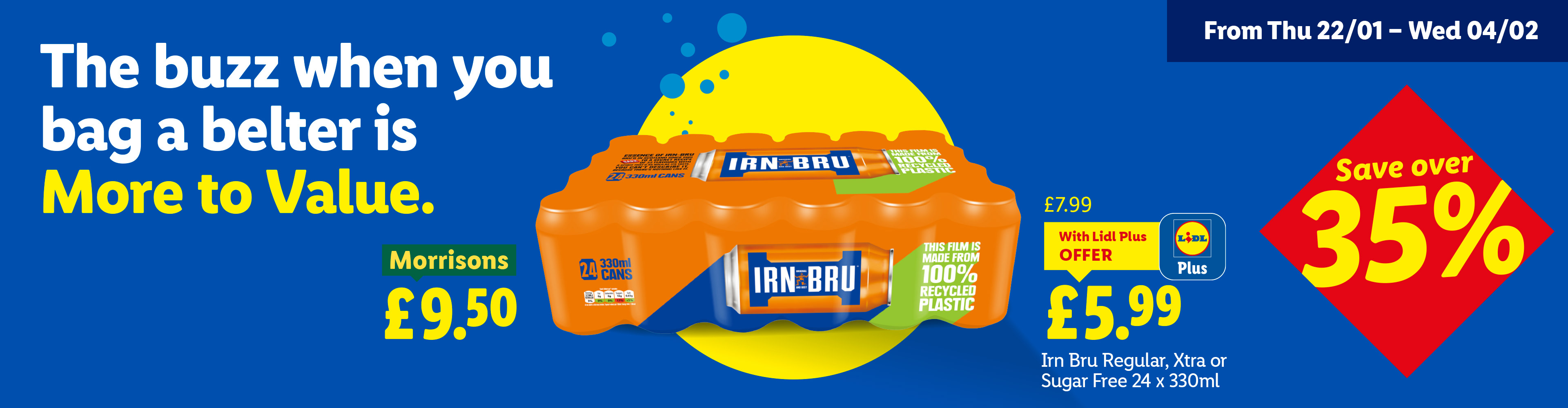Lidl Irn Bru 24-pack offer, £5.99 with Lidl Plus, saving over 35% compared to Morrisons £9.50.