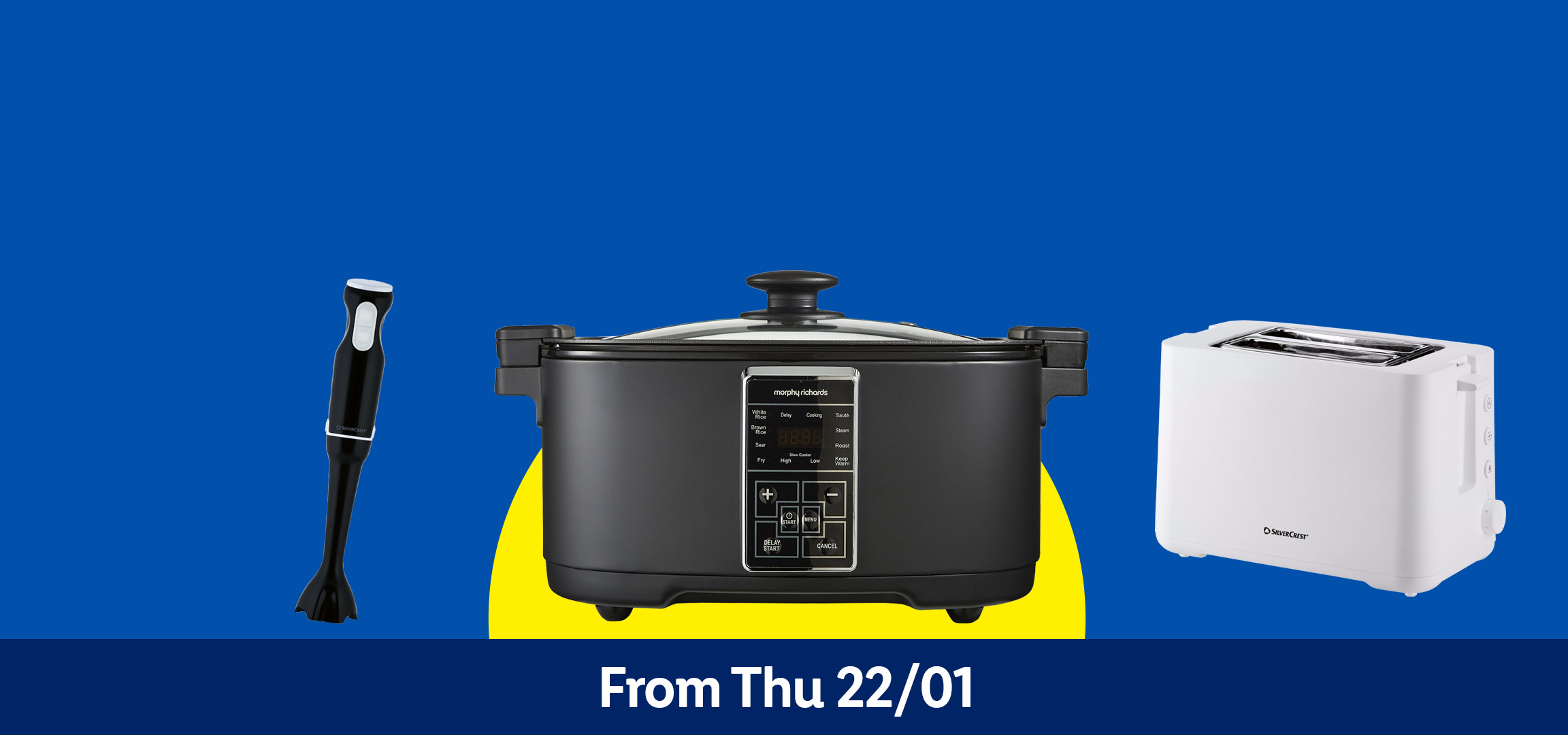 Kitchen appliances: a black cooking pot, a hand blender, a Morphy Richards slow cooker, and a SilverCrest toaster. From Thu 22/01.