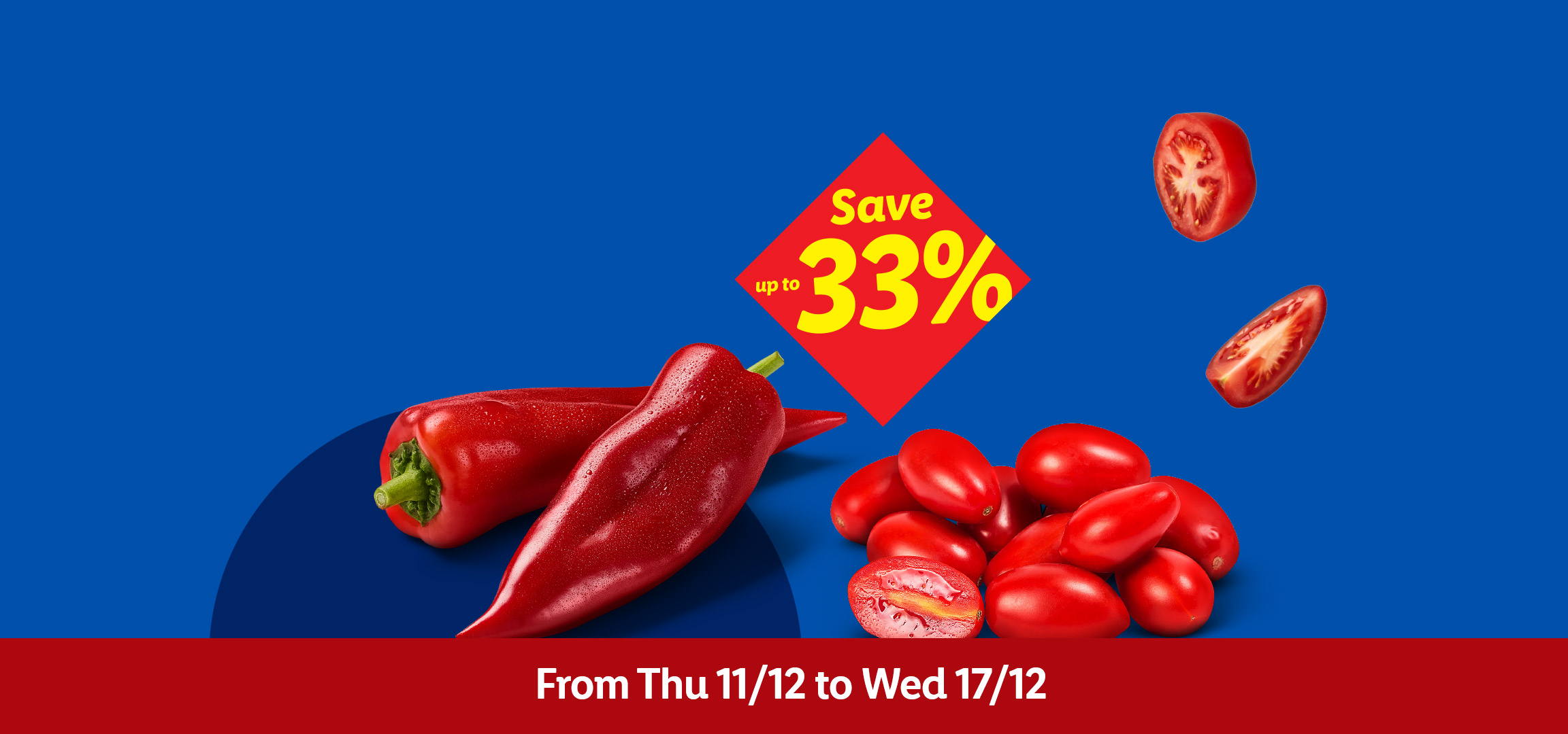 Cauliflower, red peppers, and cherry tomatoes on a blue background with a 'Save up to 33%' offer.