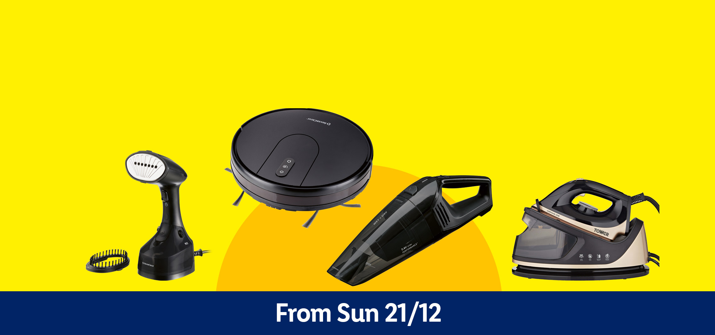 A collection of home appliances: a handheld garment steamer, a robotic vacuum cleaner, a handheld vacuum, and a steam generator iron.