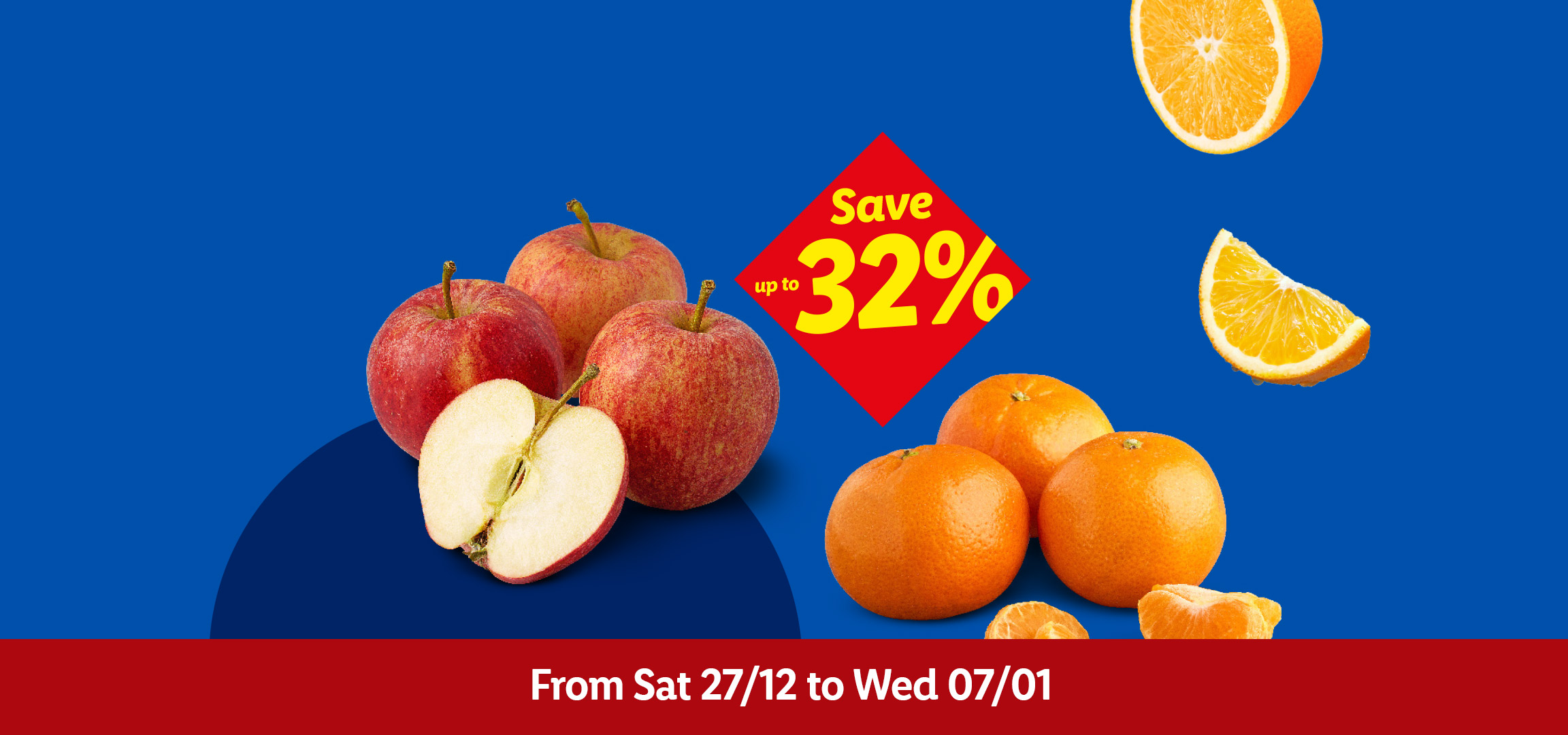 Fresh raspberries, apples, and oranges with a red banner announcing 'Save up to 32%' and a sale period.