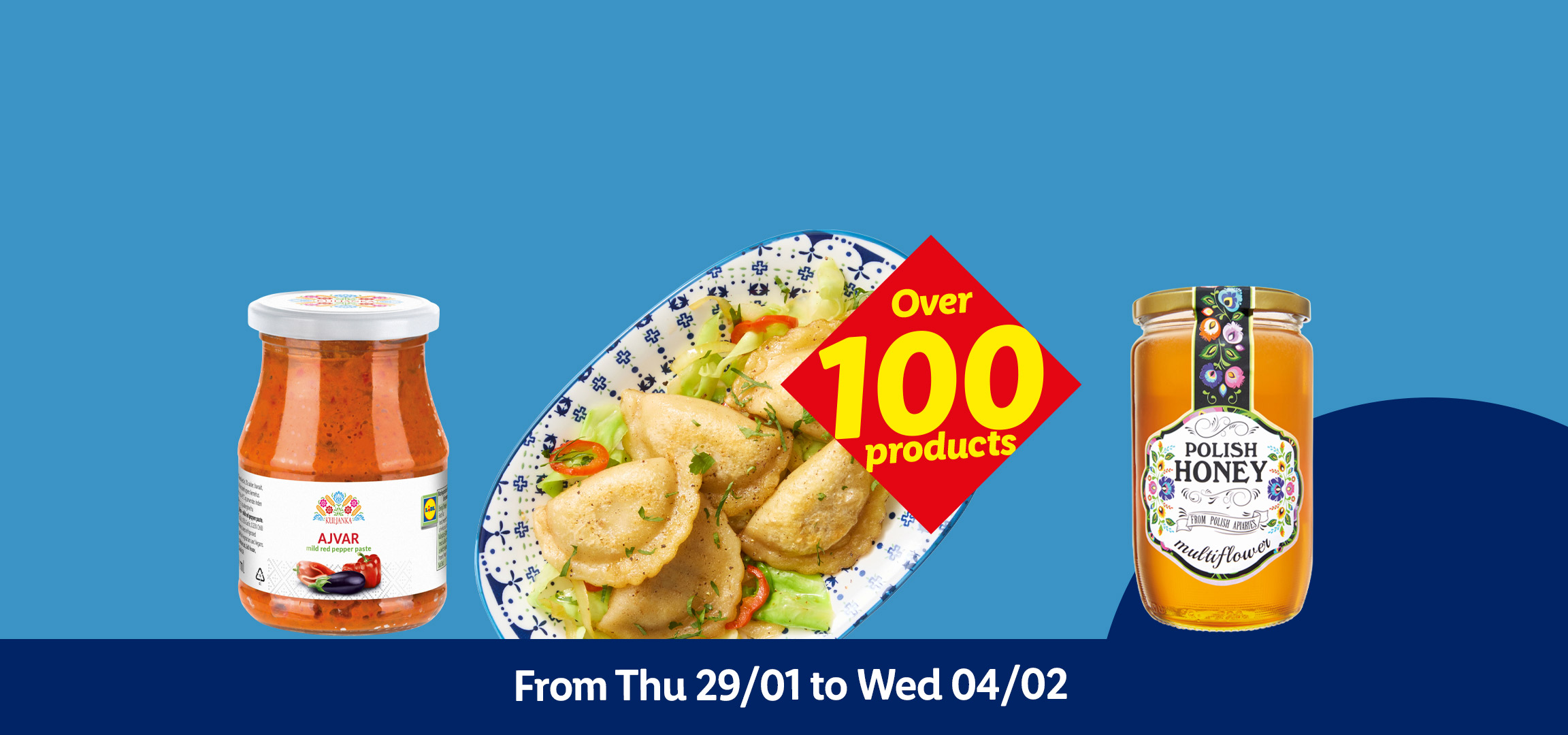 Polish food items: pierogi, multiflower honey, bread with spread, and cooked ham hock.