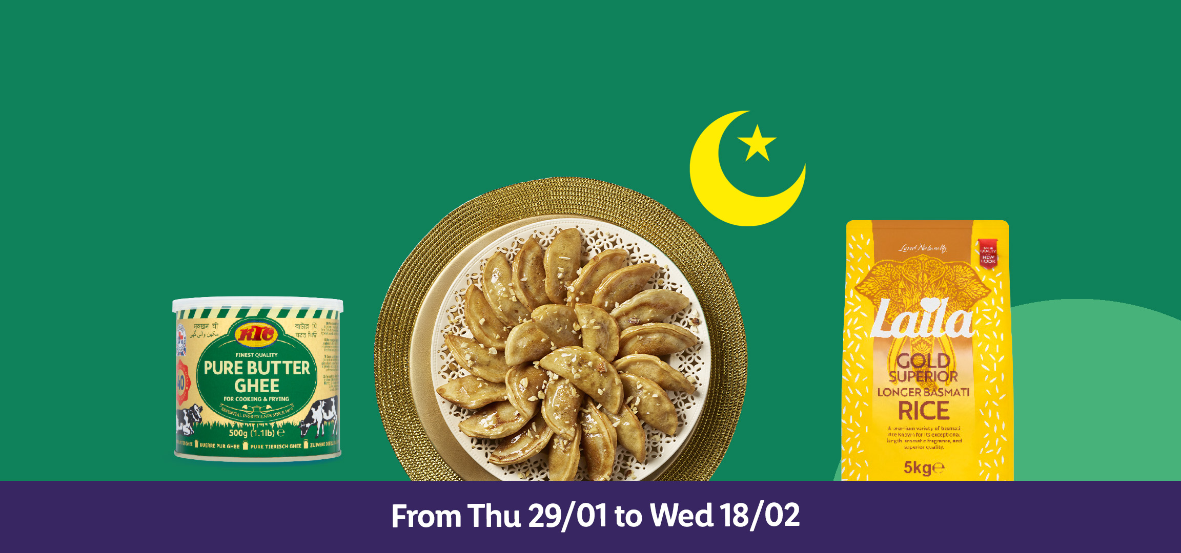 Ghee, a plate of sweet pastries, and a bag of basmati rice, with a crescent moon and star.
