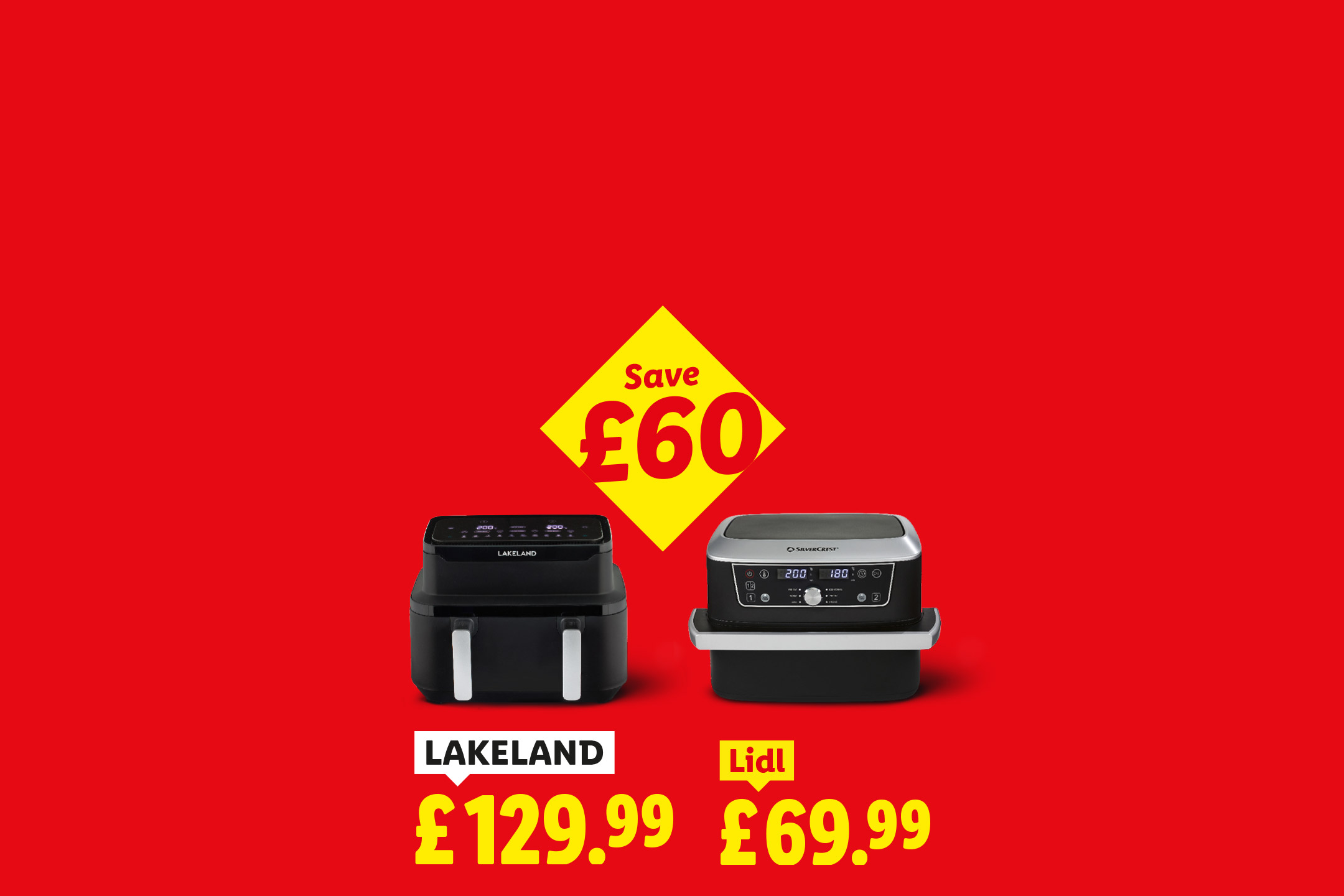 Two air fryers on a red background, one priced at £129.99 and the other at £69.99, with a 'Save £60' tag.