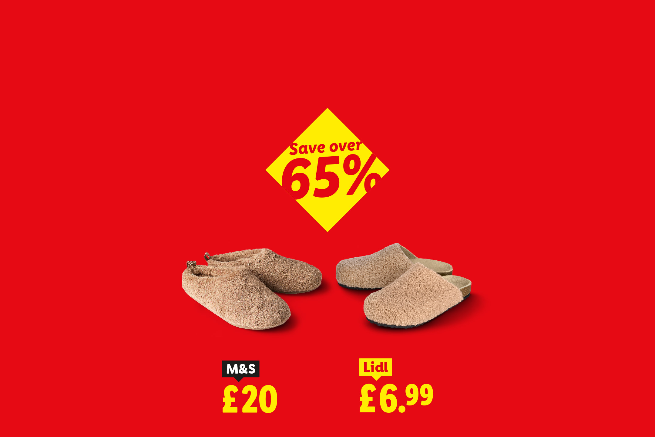 Two pairs of slippers, one priced at £20 and the other at £6.99, with a 'Save over 65%' tag.