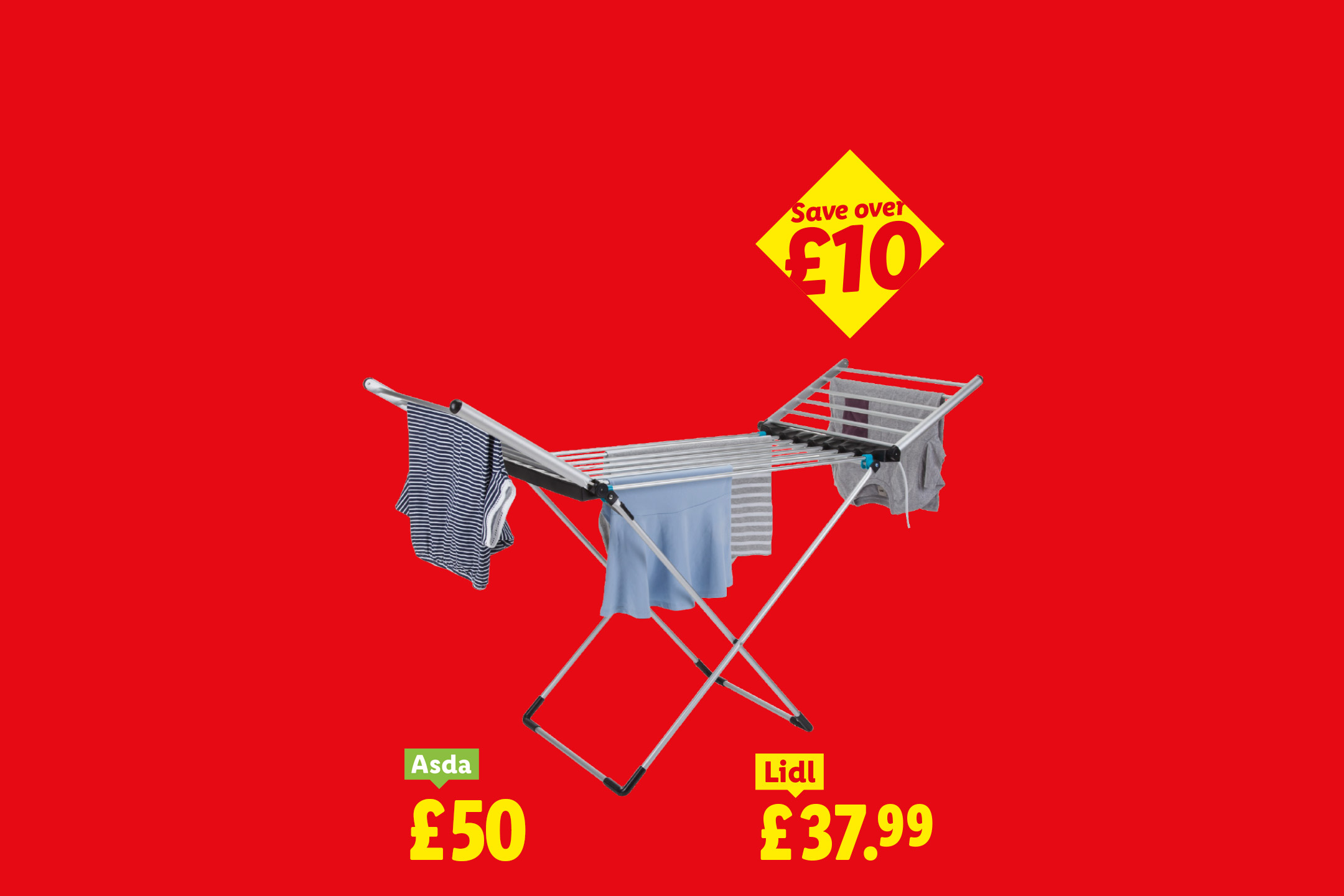 Lidl clothes airer with laundry, priced at £37.99, compared to Asda's £50, saving over £10.