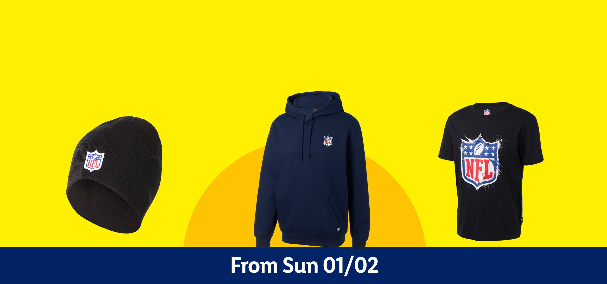 NFL apparel: black beanie, white socks, navy hoodie, and black t-shirt. From Sun 01/02.