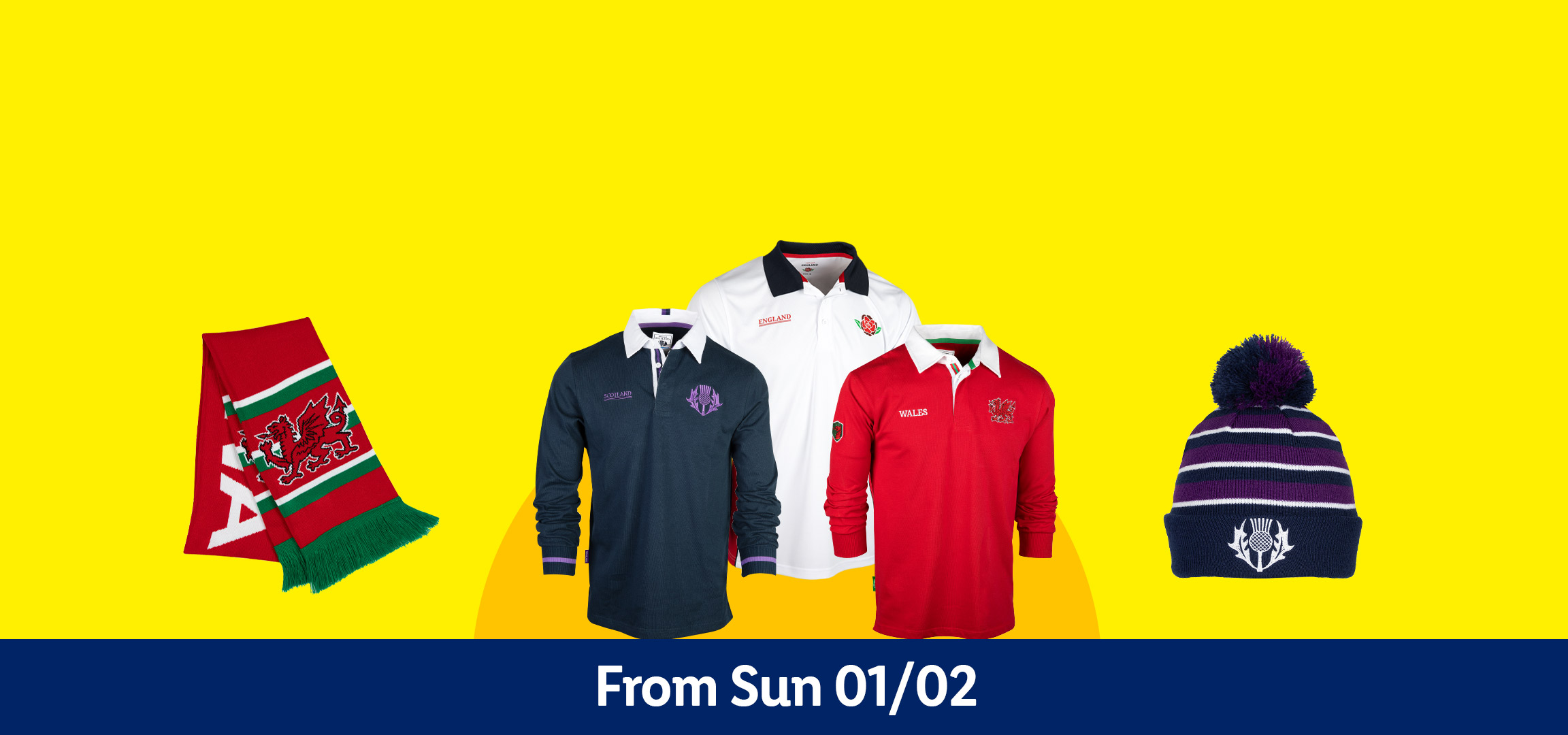 Winter accessories and sportswear: a bobble hat, a scarf, a polo shirt, and a hoodie.