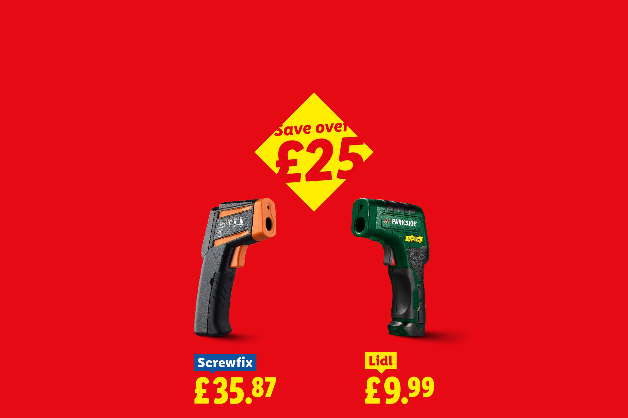 Infrared thermometers from Screwfix (£35.87) and Lidl (£9.99), saving over £25.