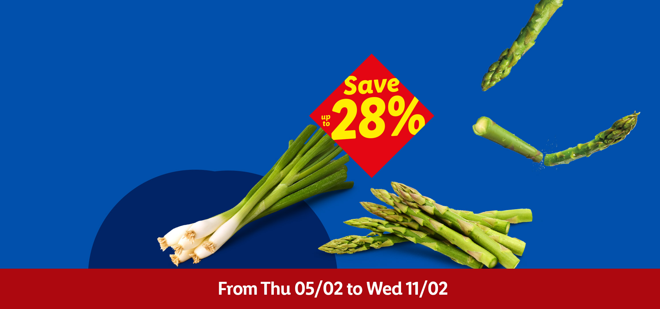 Fresh produce banner with oranges, spring onions, and asparagus, offering up to 28% savings from Thu 05/02 to Wed 11/02.