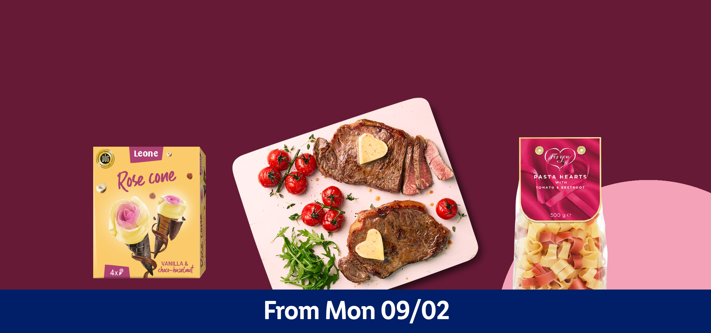 Heart-shaped pizza, rose cone ice cream, steak with heart-shaped butter, and heart-shaped cheese melts.