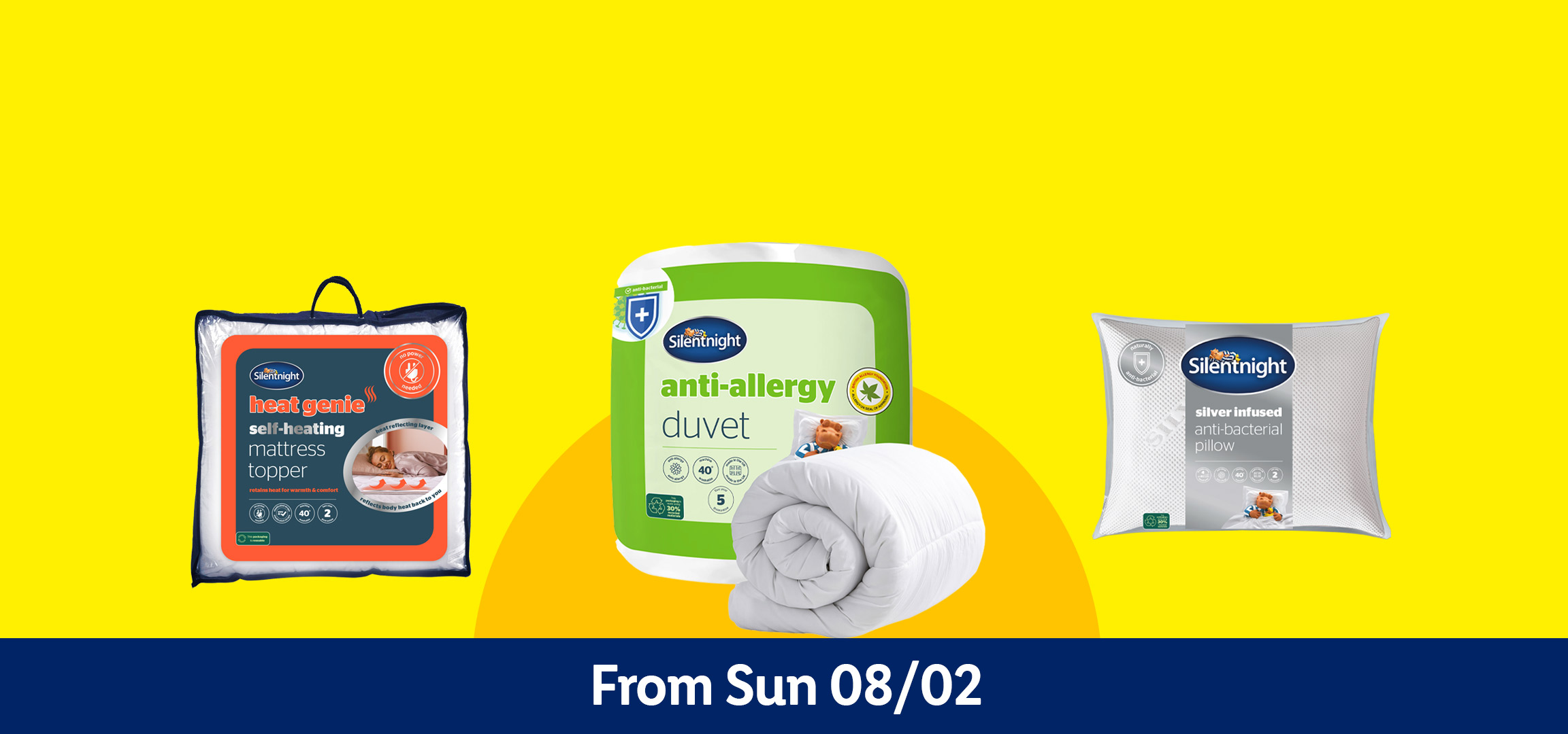 A self-heating mattress topper, an anti-allergy duvet, and a silver-infused anti-bacterial pillow, available from Sunday 08/02.
