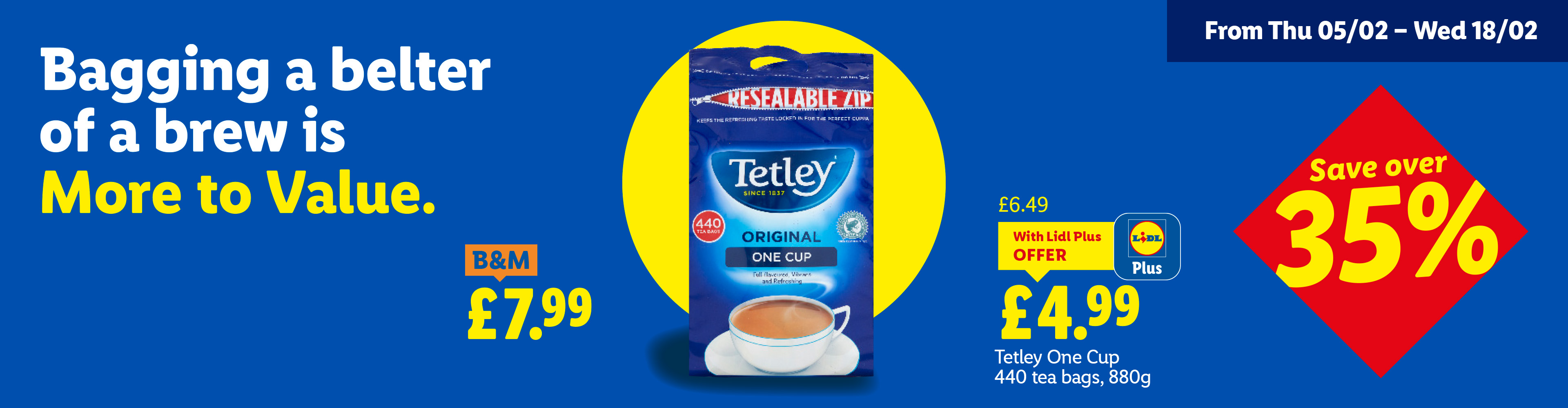 Ad comparing tea bag prices, highlighting a Lidl Plus offer and savings.