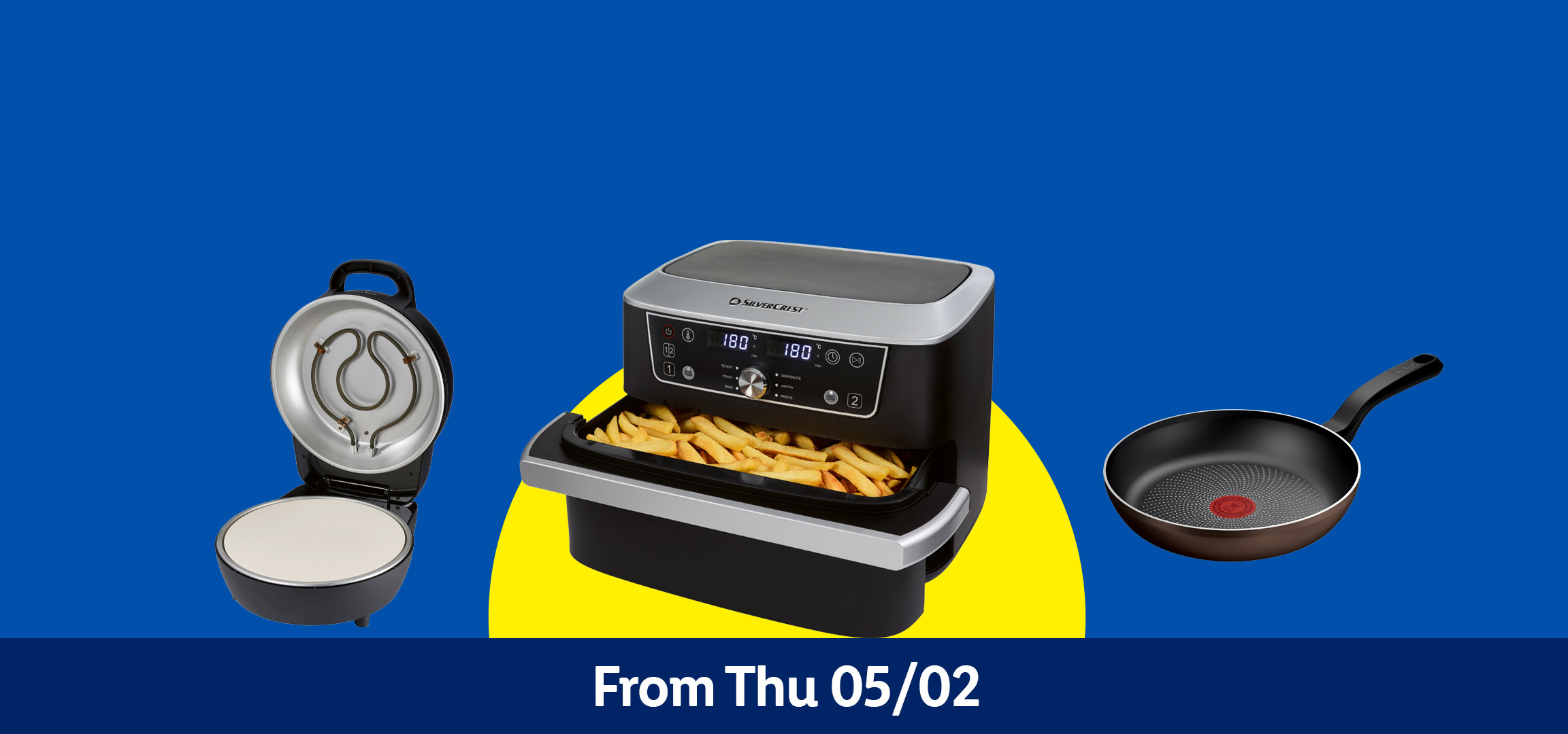 Kitchen appliances: pizza maker, popcorn machine, air fryer with fries, and a frying pan. From Thu 05/02.