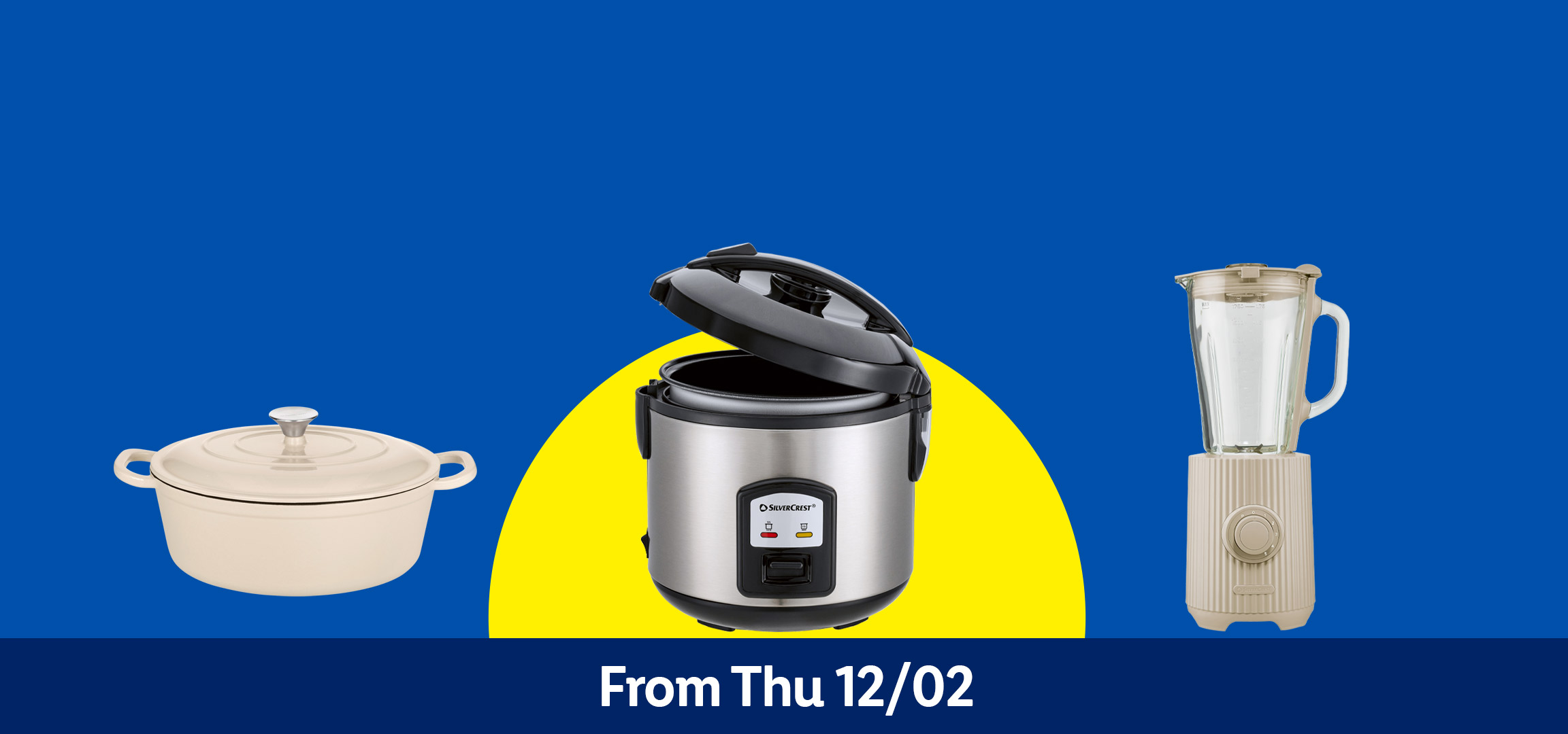Kitchen appliances: a cream-colored Dutch oven, toaster, rice cooker, and blender. From Thu 12/02.