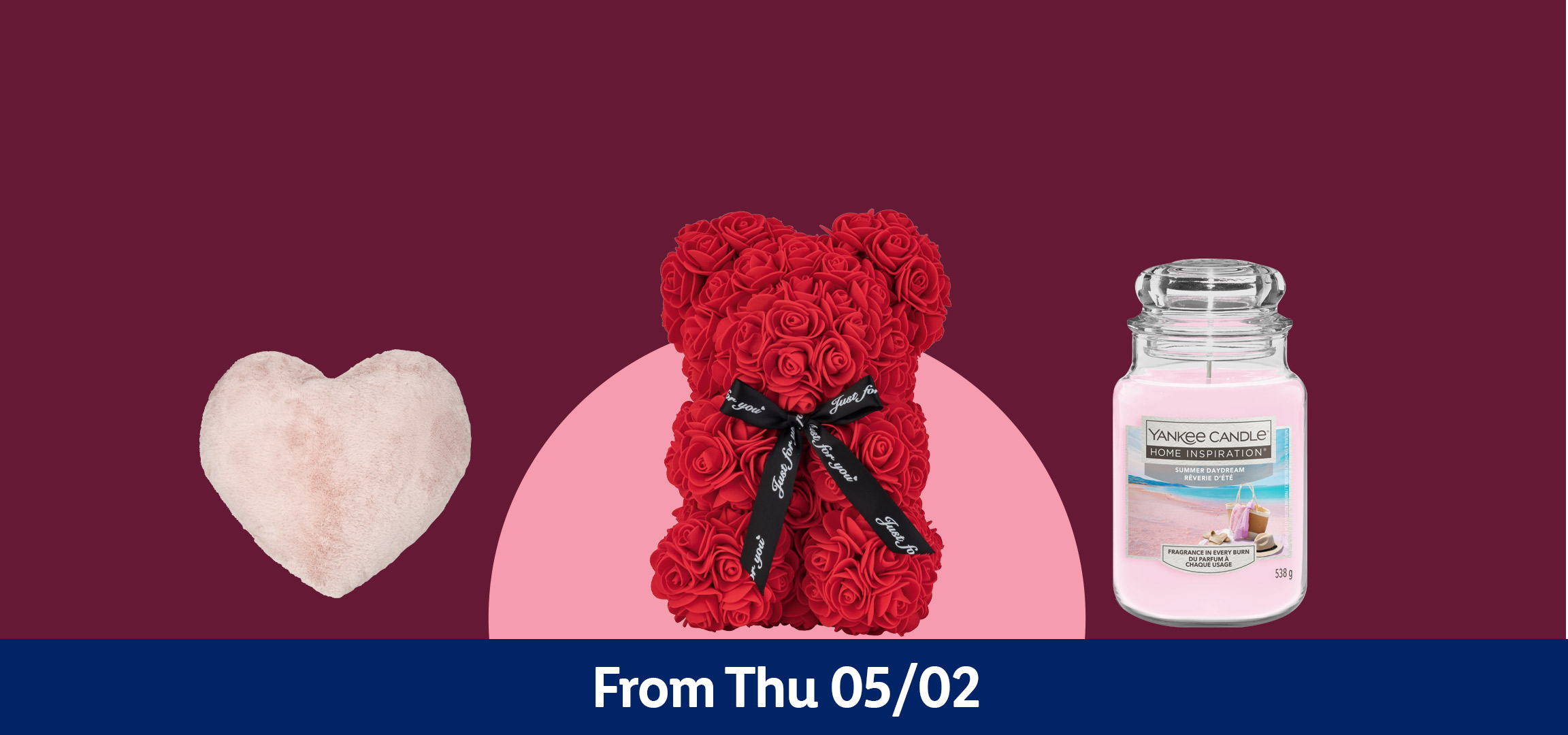 A fluffy heart pillow, a heart-shaped LEGO wreath, a rose bear, and a pink candle, with text 'From Thu 05/02'.