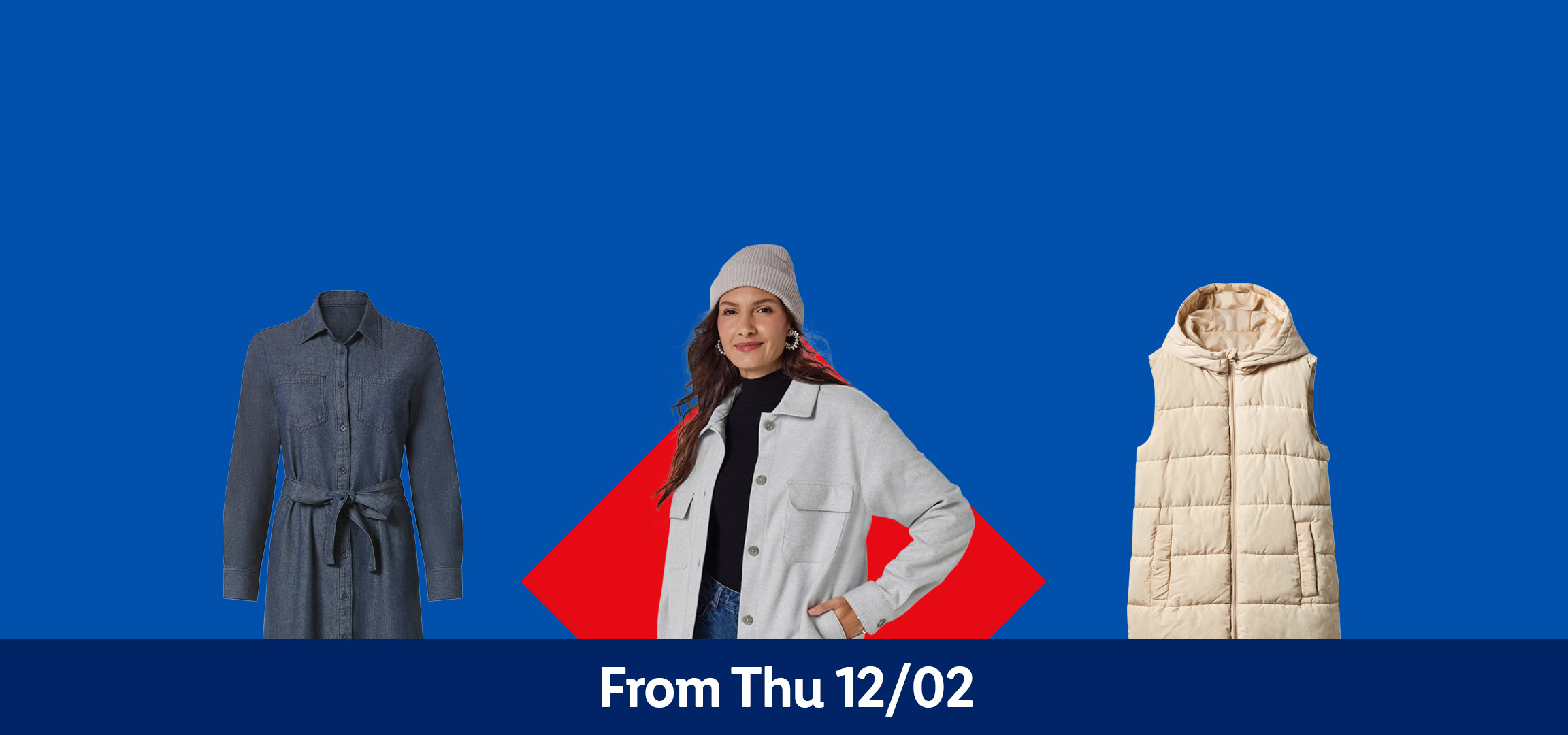 Denim dress, felt slippers, woman in shirt jacket and beanie, and a quilted vest. From Thu 12/02.