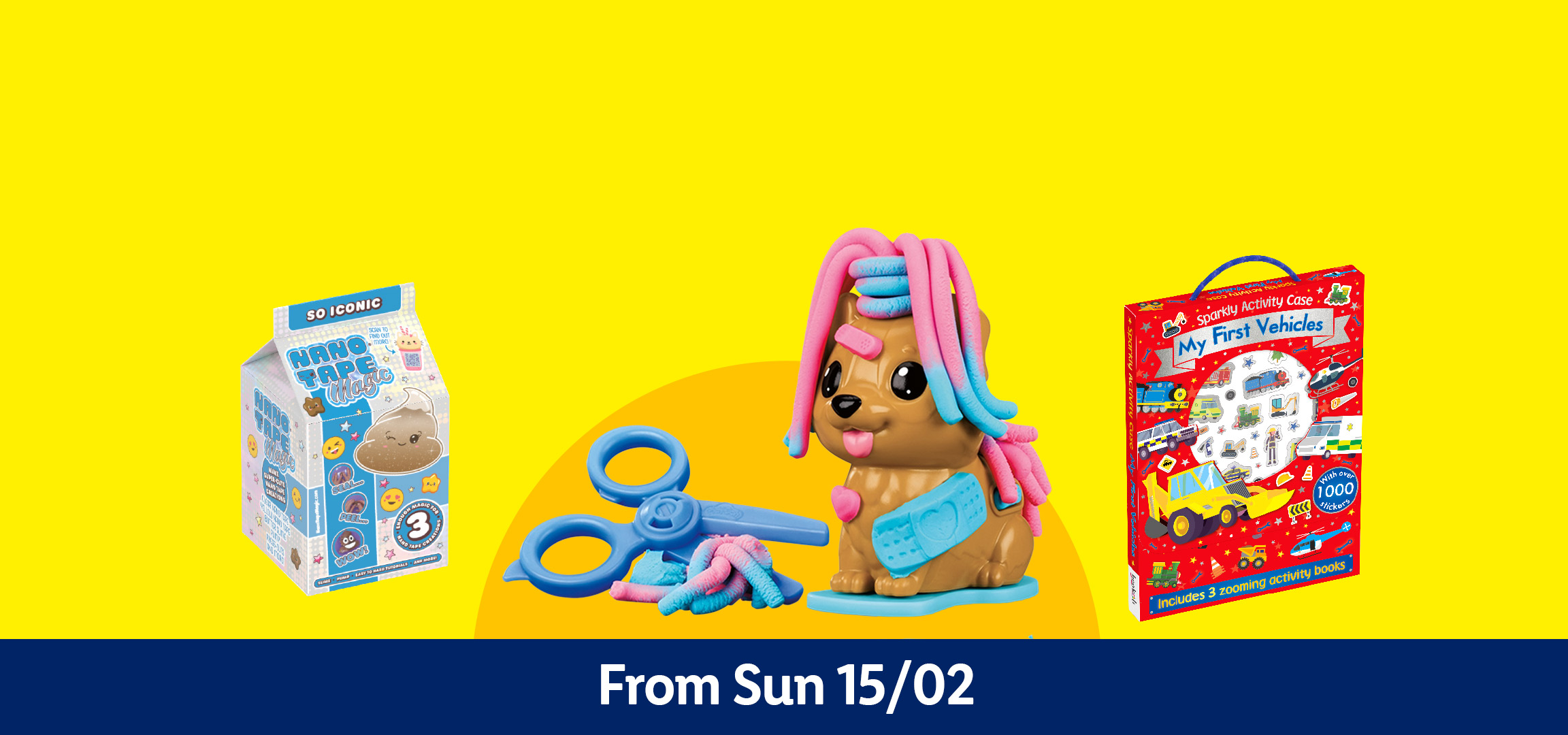 A white cat-shaped toy, a box of Nano Tape Magic, a brown dog toy with blue scissors, and a red activity case with vehicles. From Sun 15/02.