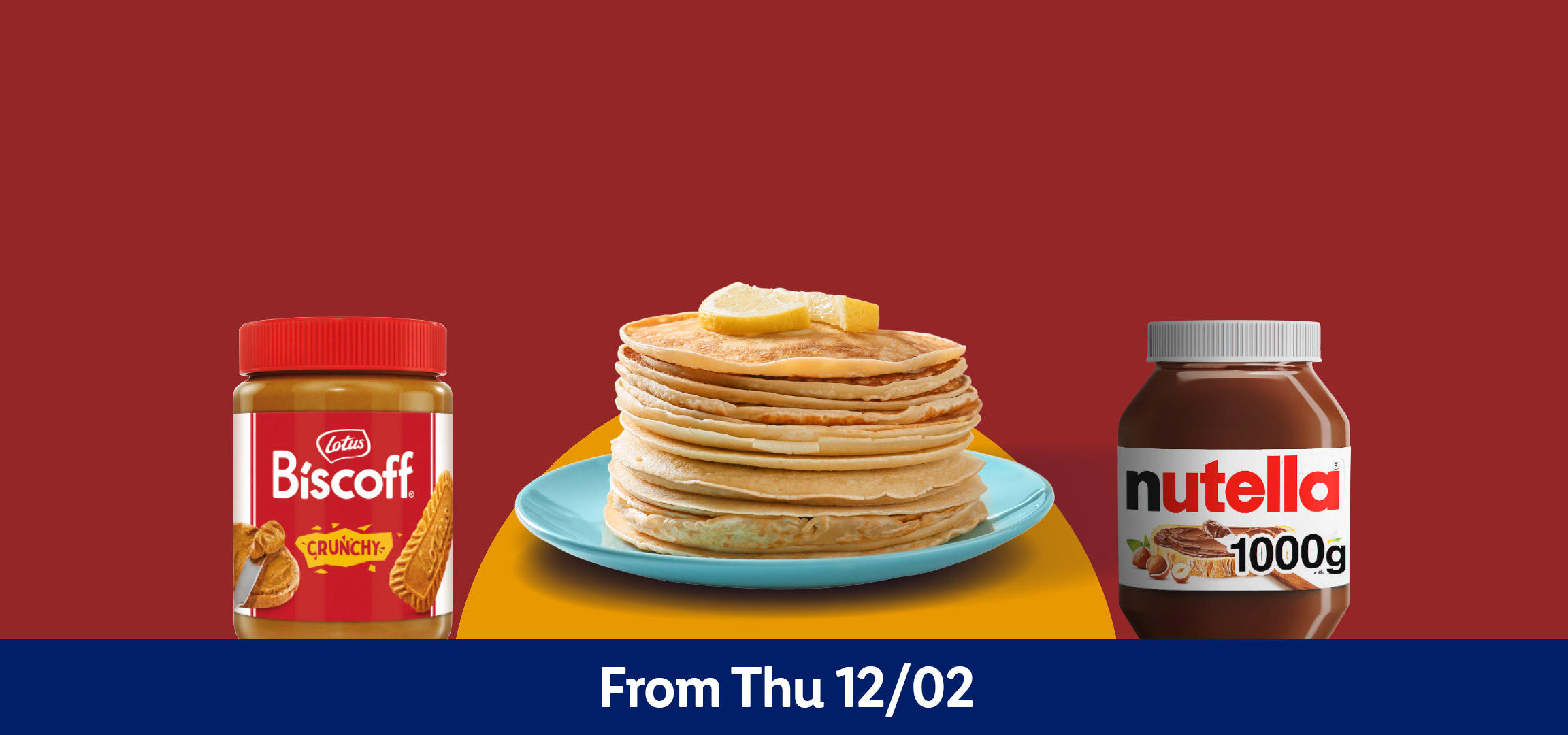 Pancakes, cookie butter, and chocolate hazelnut spread on a red background. From Thu 12/02.