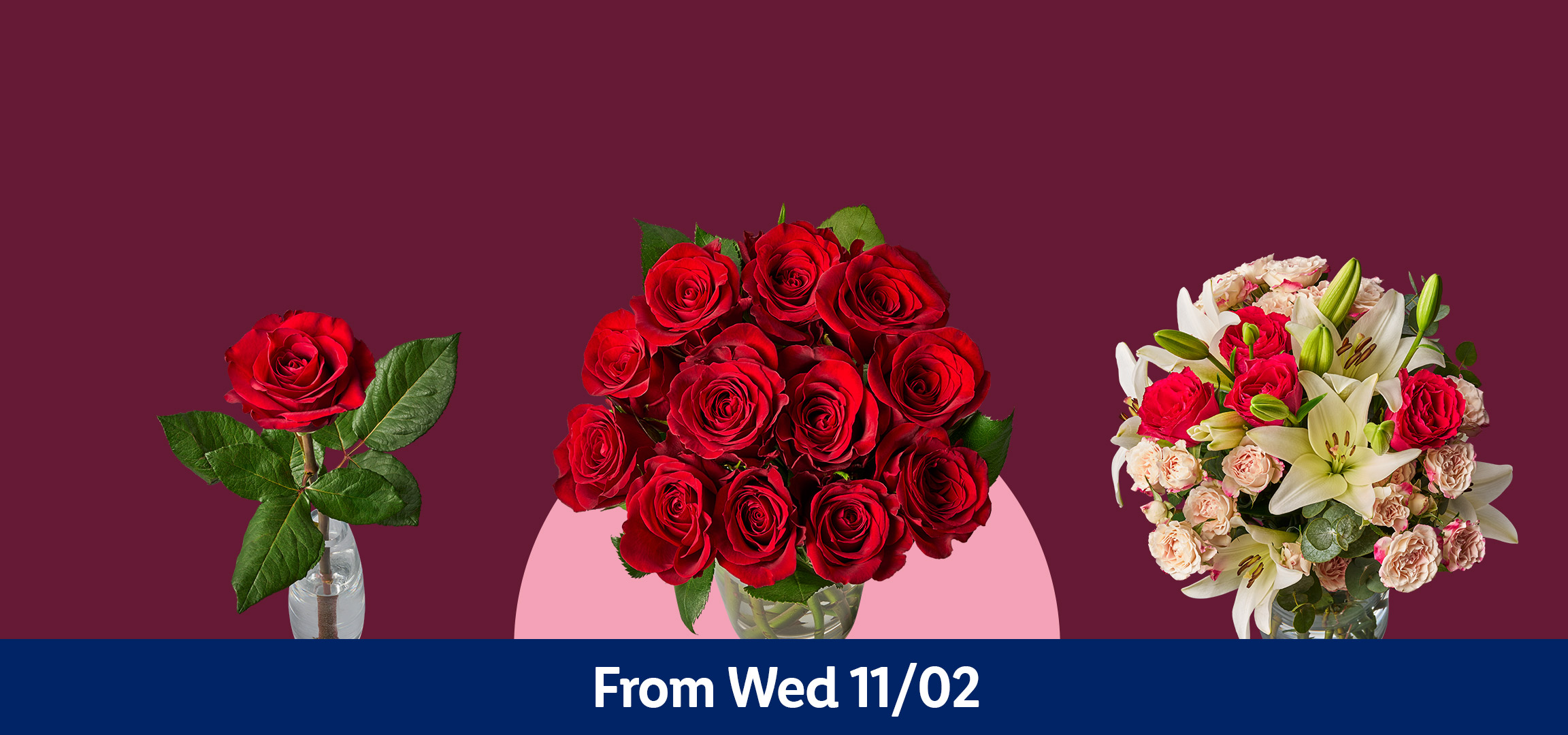 Four bouquets of flowers, including red roses, lilies, and mixed arrangements, with text 'From Wed 11/02'.